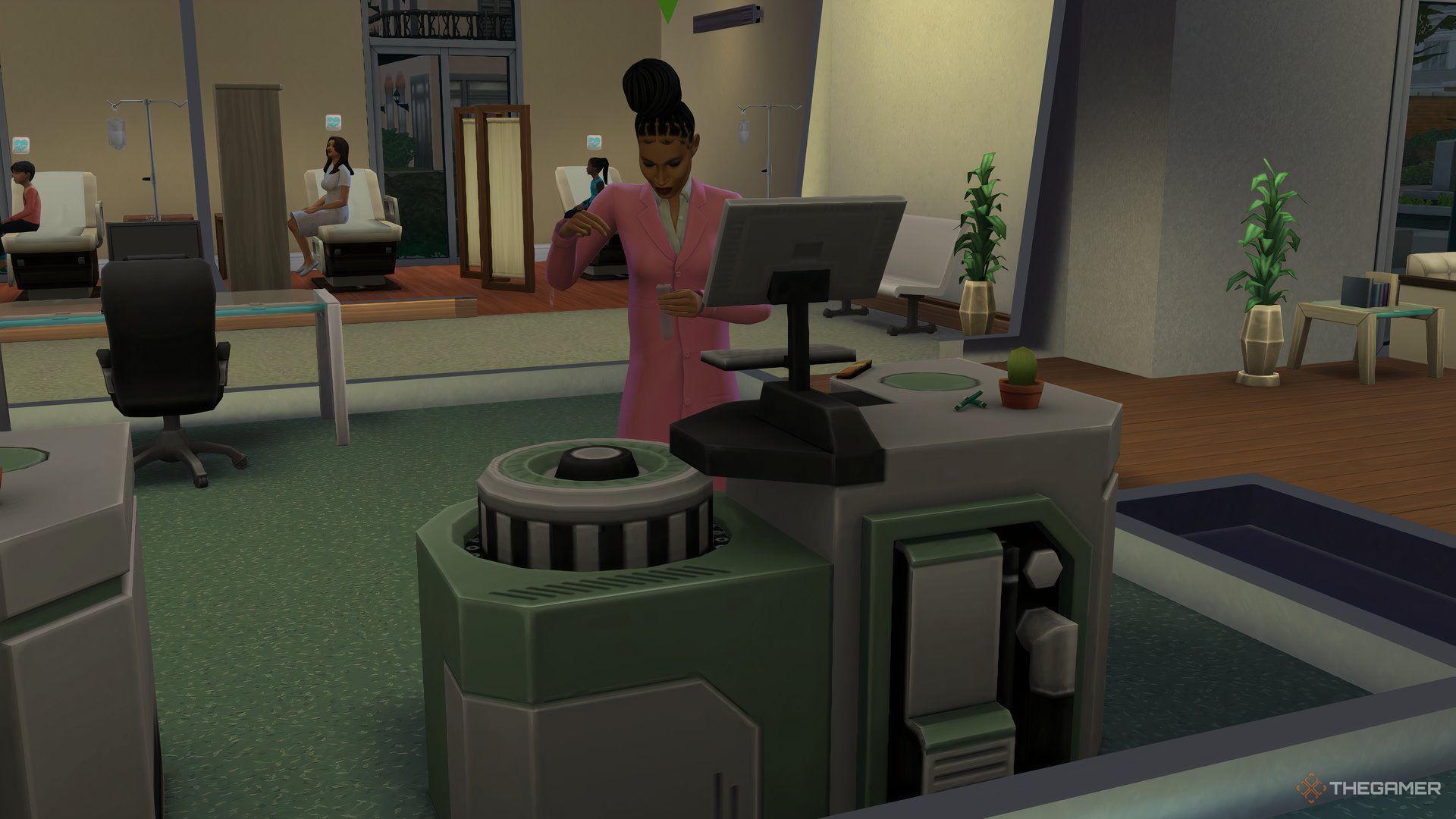 A doctor in the Sims analysing a patient's swab at the hospital.