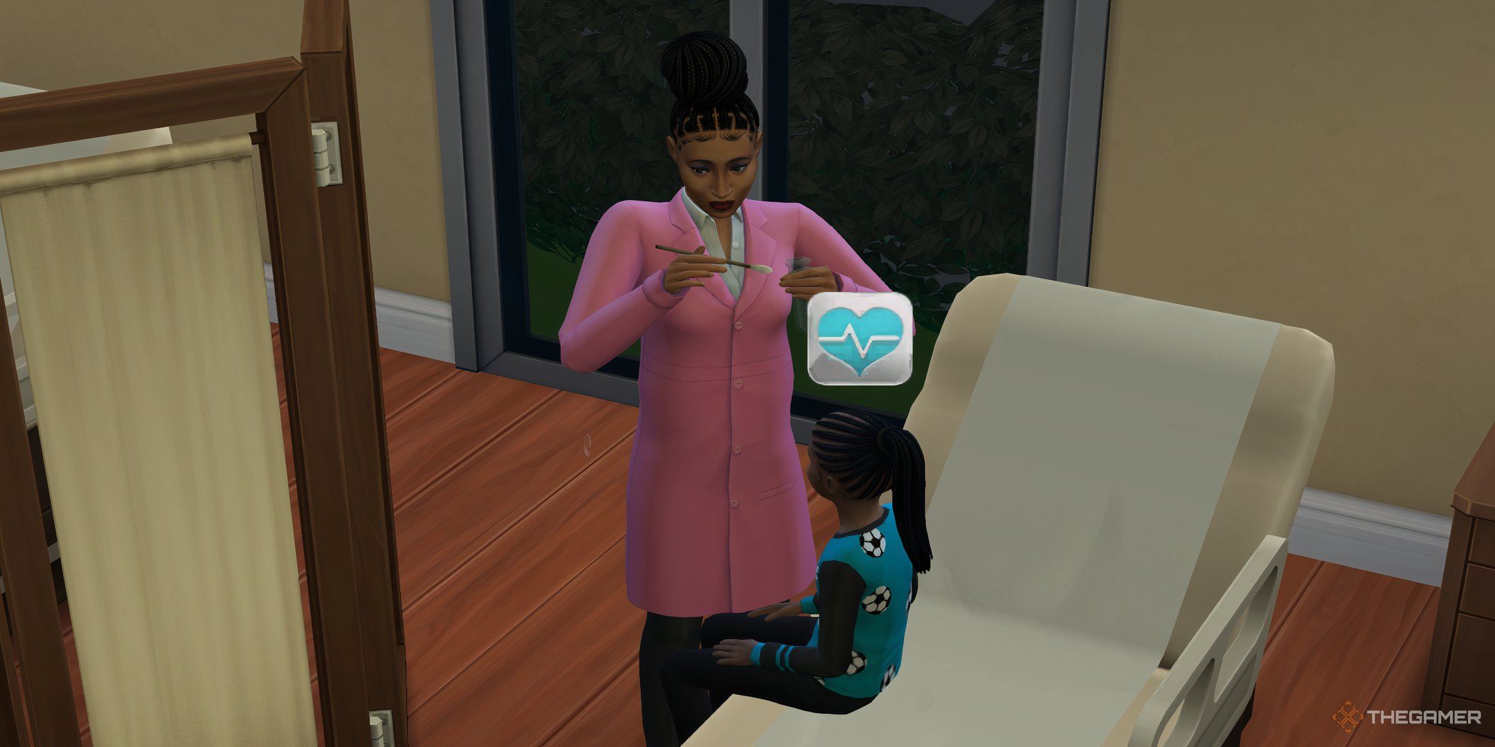 A doctor in the Sims 4 swabbing a patient in the Willow Creek hospital.