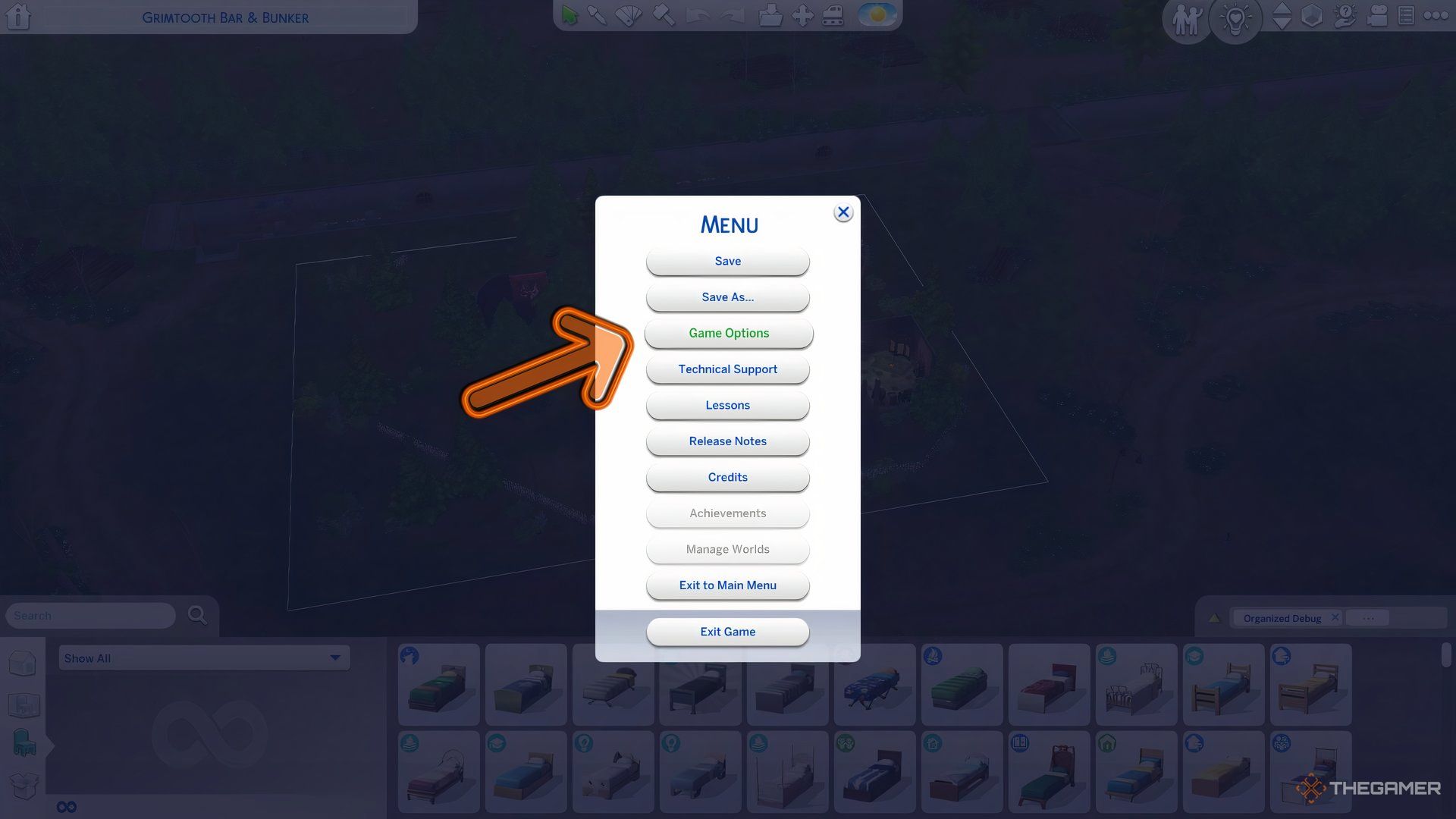 The Sims 4 options menu is open, showing where the game options are.