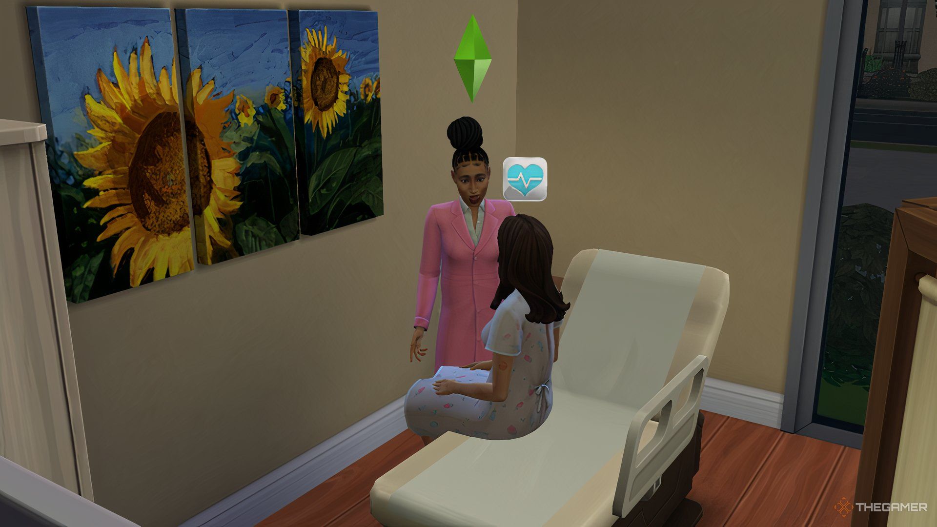 A doctor and patient are talking in the Sims 4 hospital in Willow Creek.