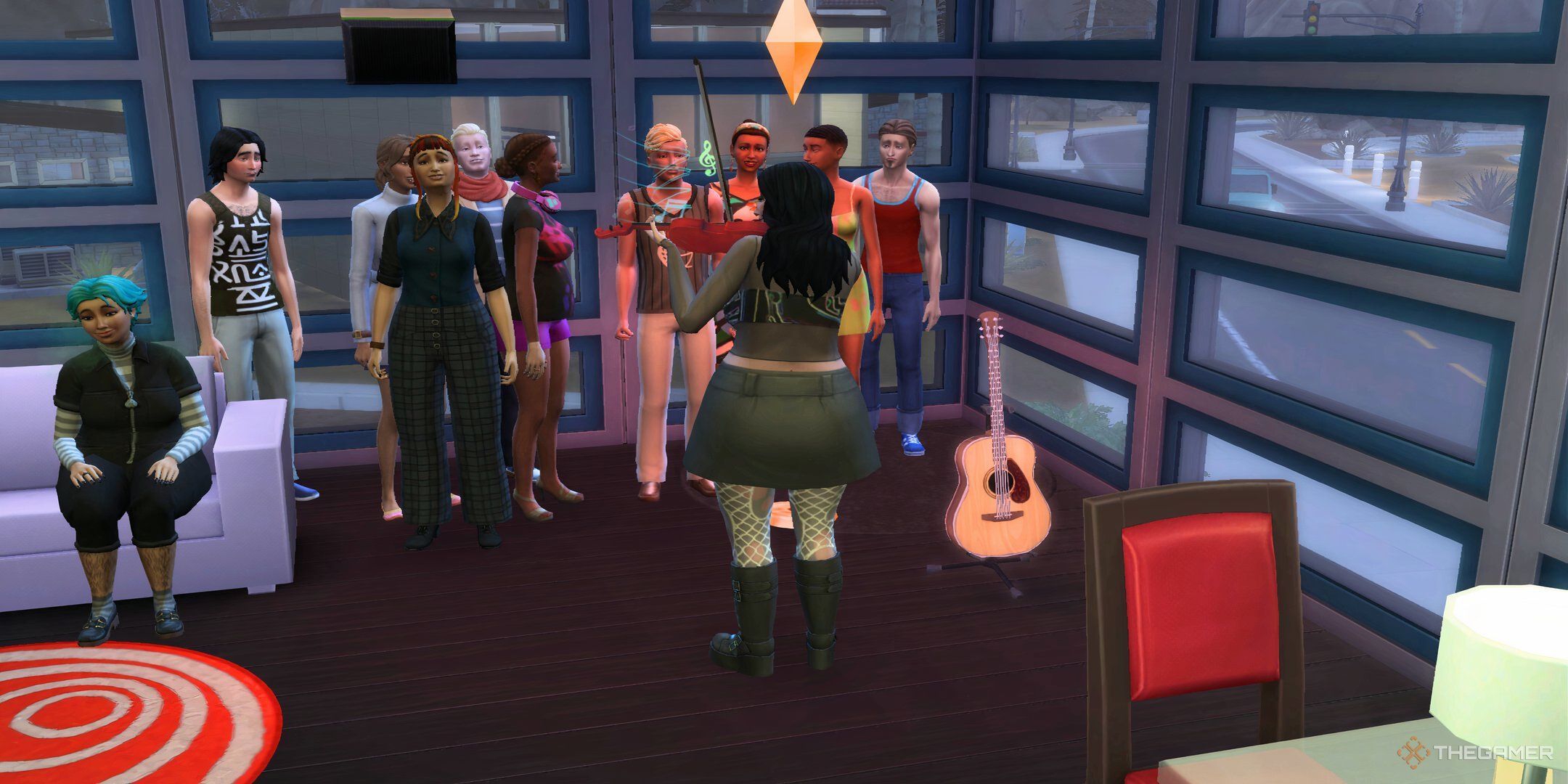 A Sim at the lounge in Oasis Spring playing the violin for an audience.