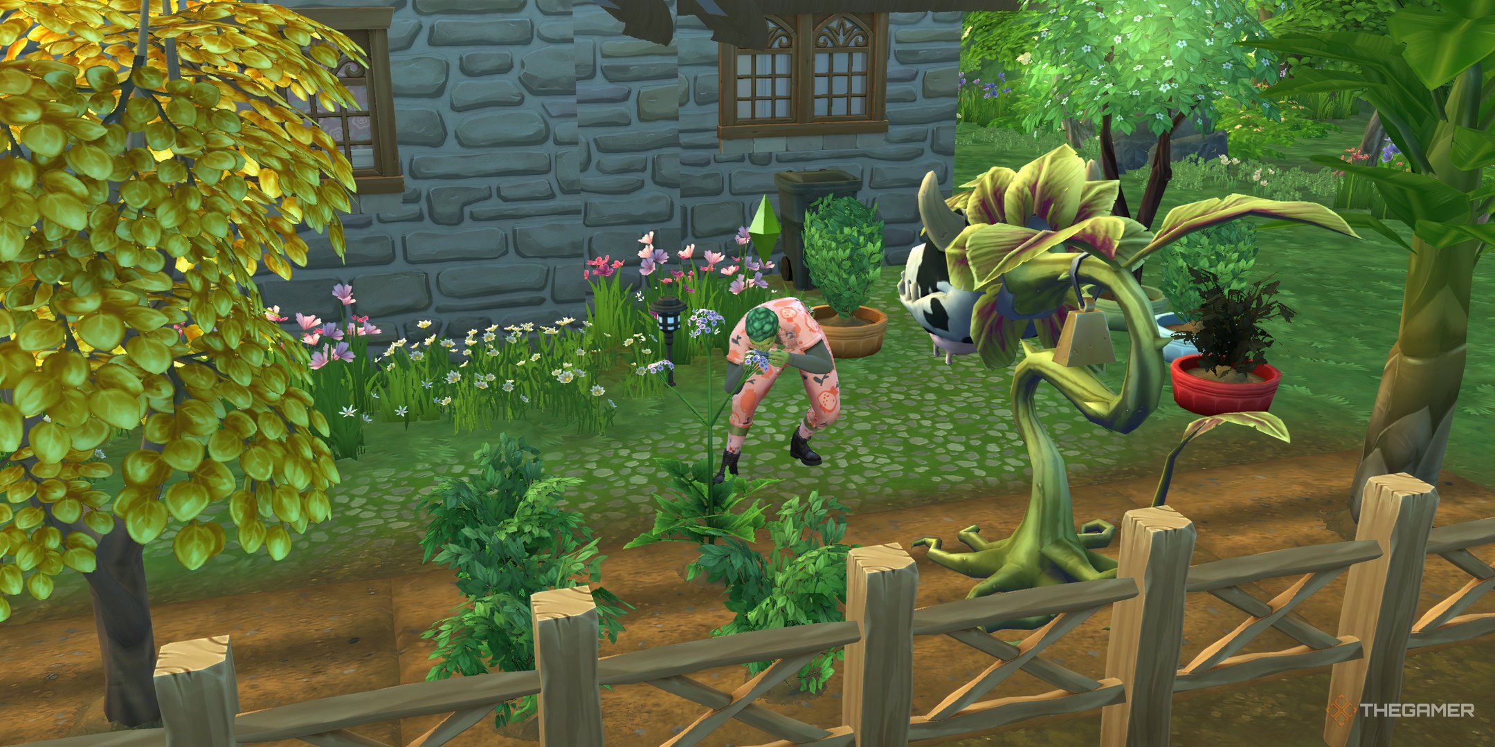 A PlantSim is leaning over in the garden to talk to a valerian plant next to a cowplant.