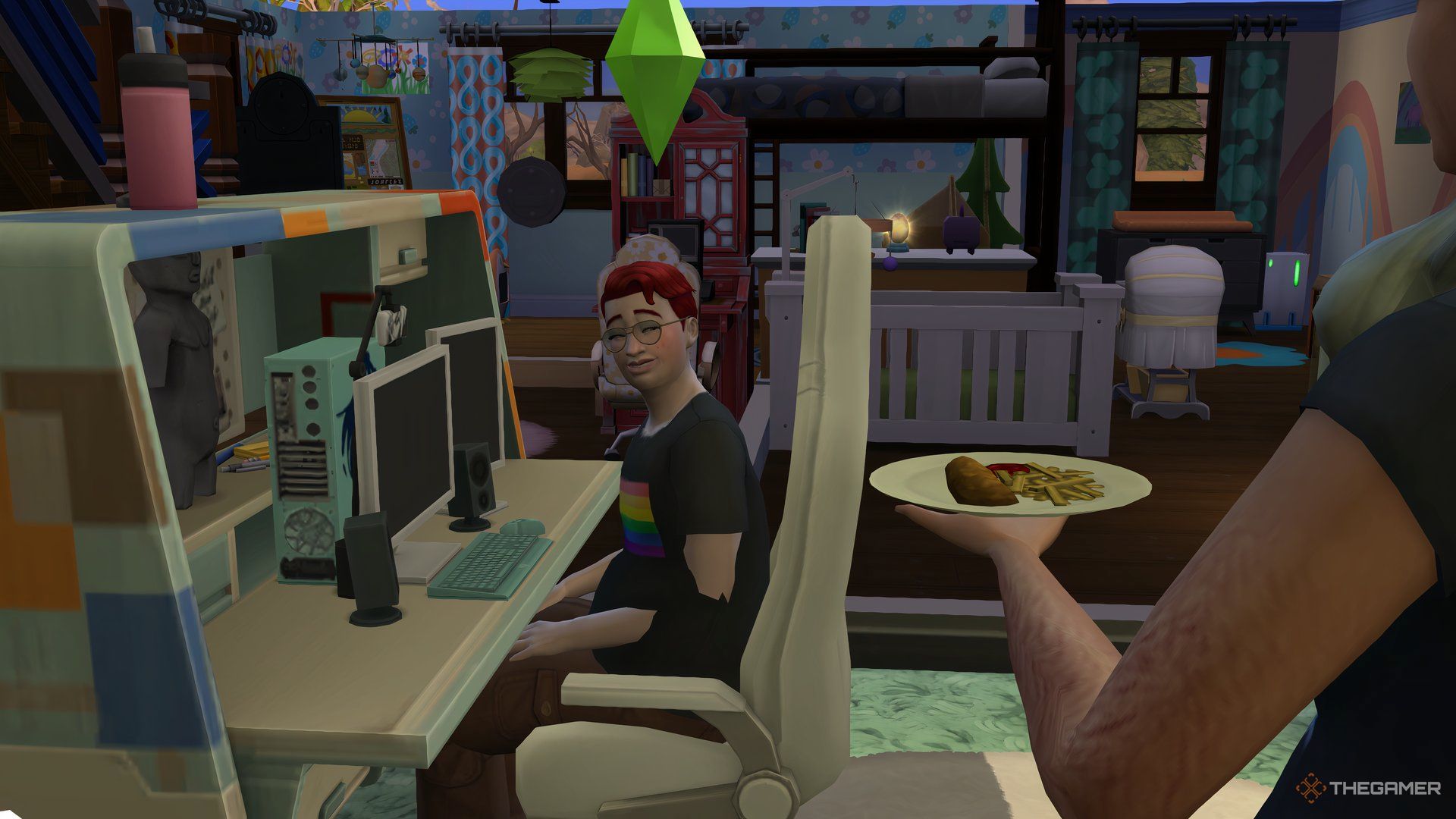 A Sim receiving a plate of food while looking hungry. He’s looking at a plate of chips.