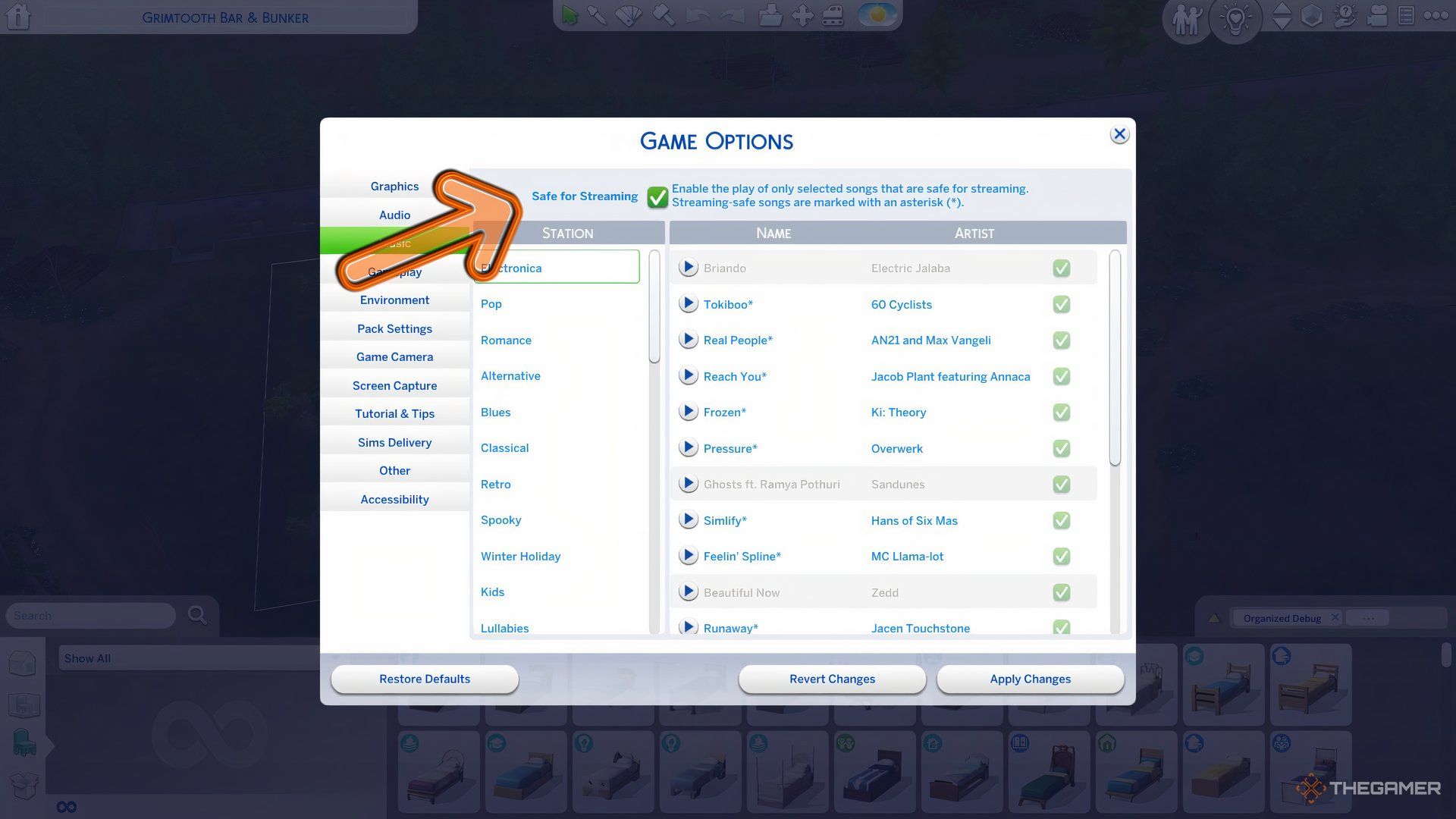 The Sims 4 music menu displaying Safe For Streaming Mode.