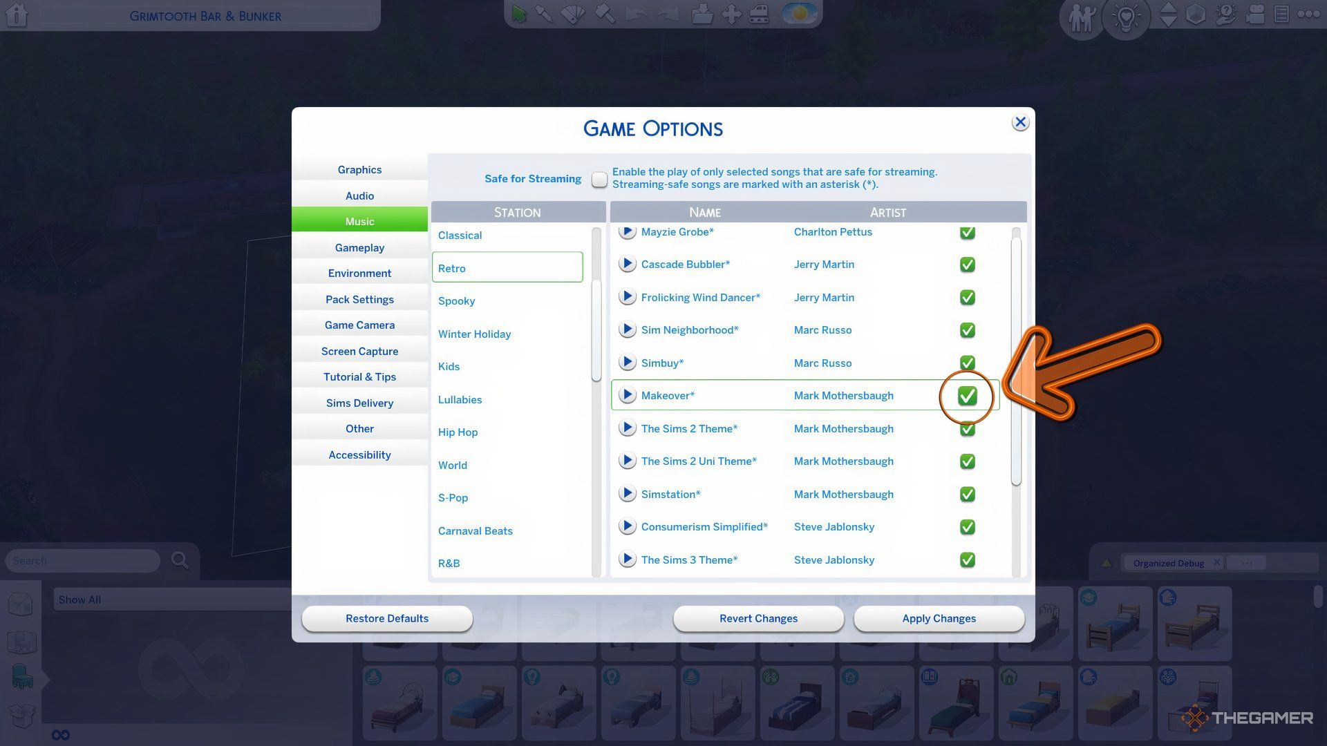 The music menu in The Sims 4 displaying a list of radio stations and songs.