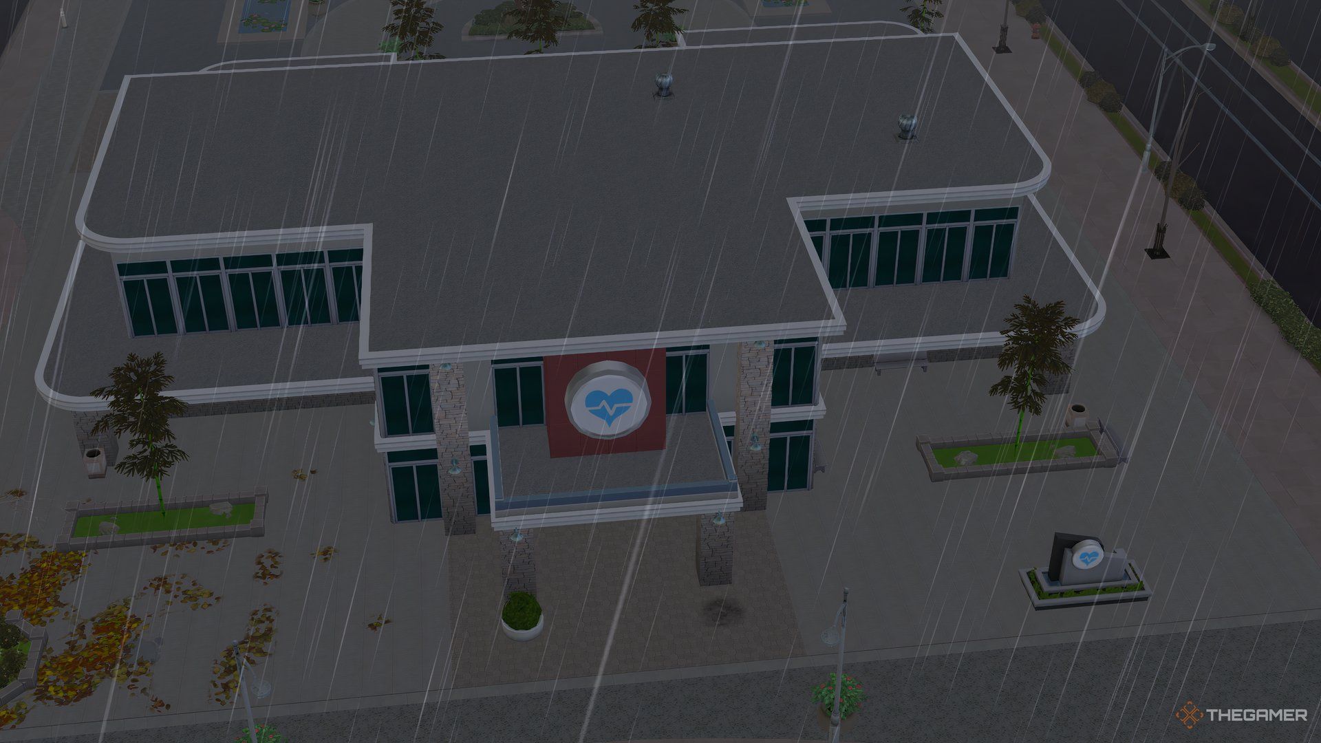 A rainy aerial shot of The Sims 4 Get To Work's Hospital in Willow Creek