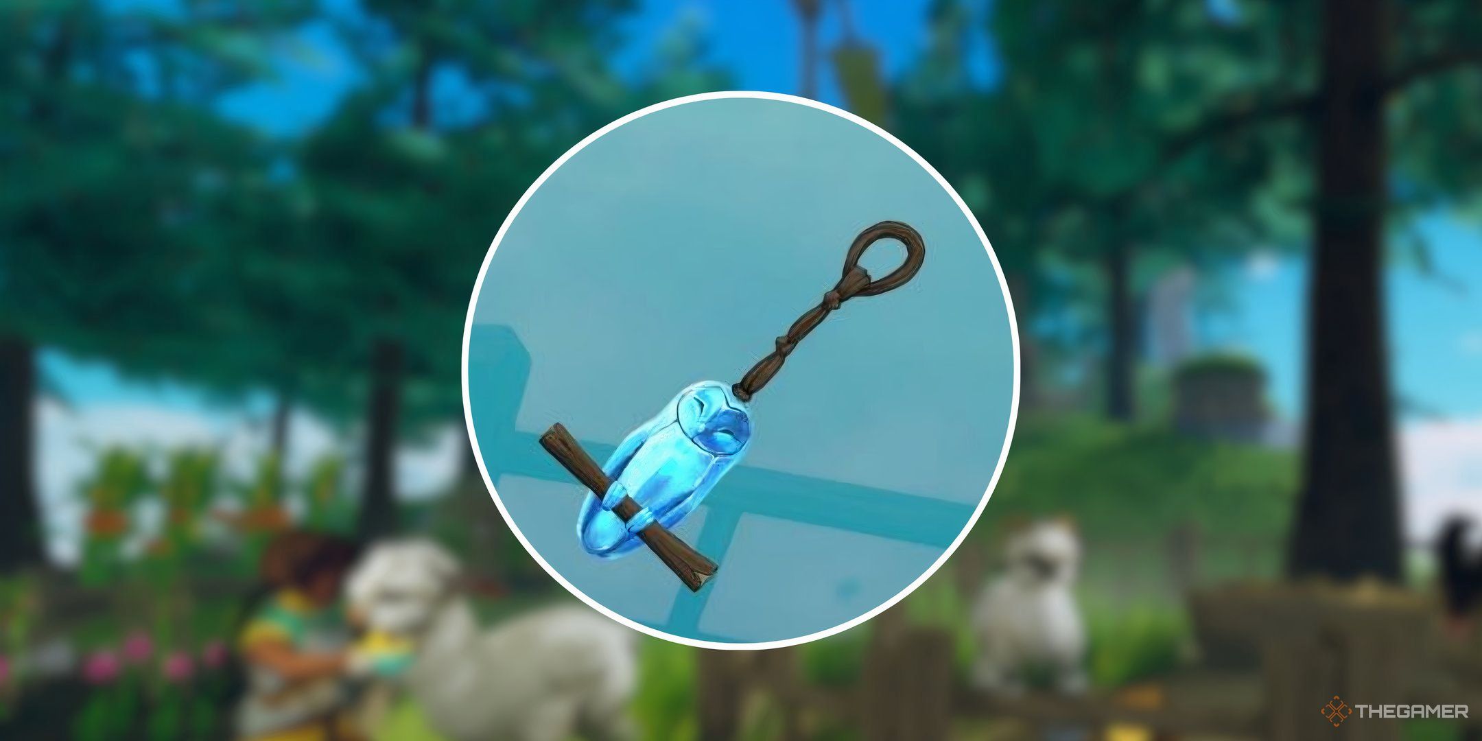 The Sky Spirit Trinket in Aloft in front of a blurred image of a farm from the game.