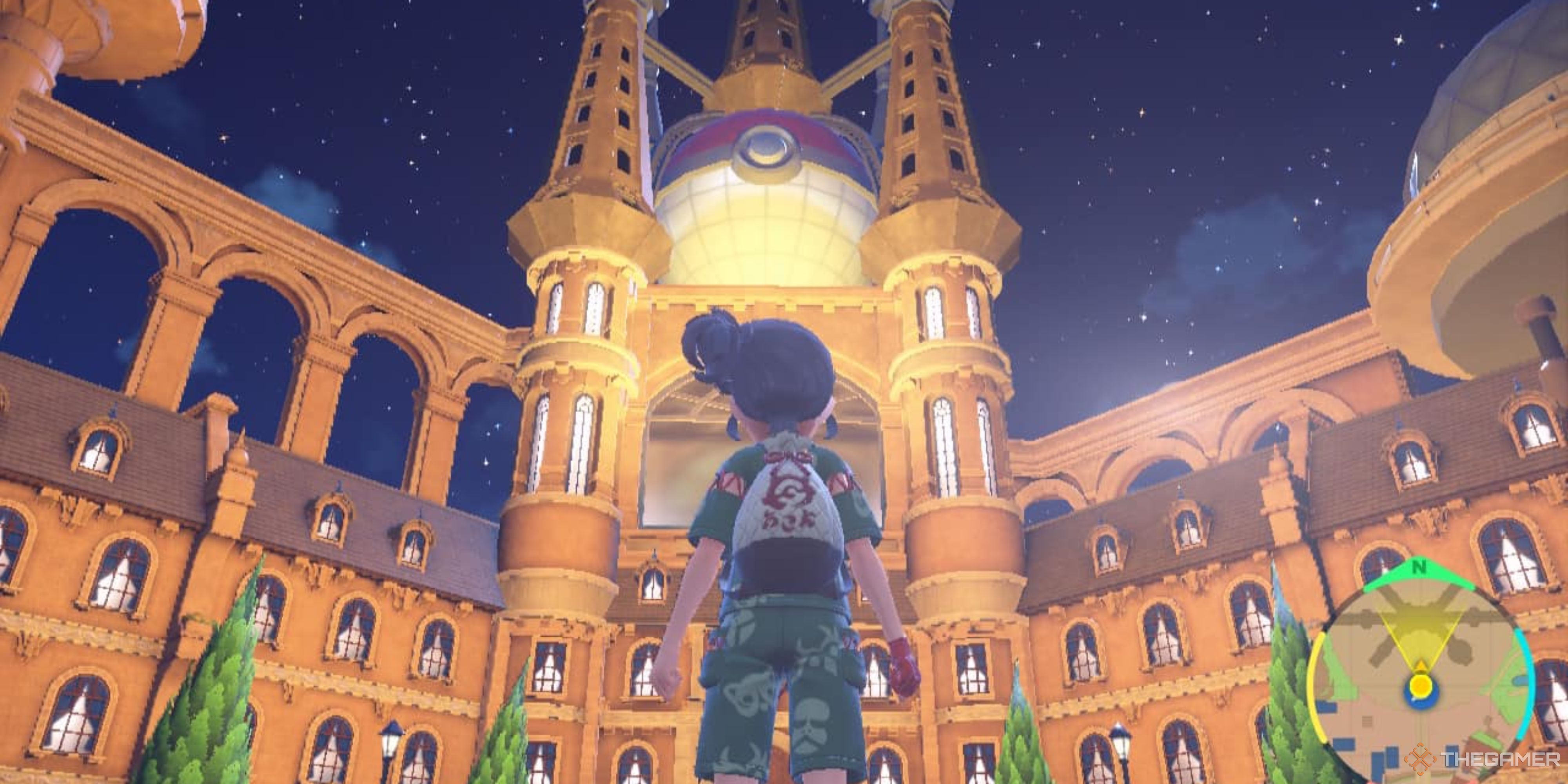 The trainer stands outside the academy in Pokemon Scarlet and Violet.