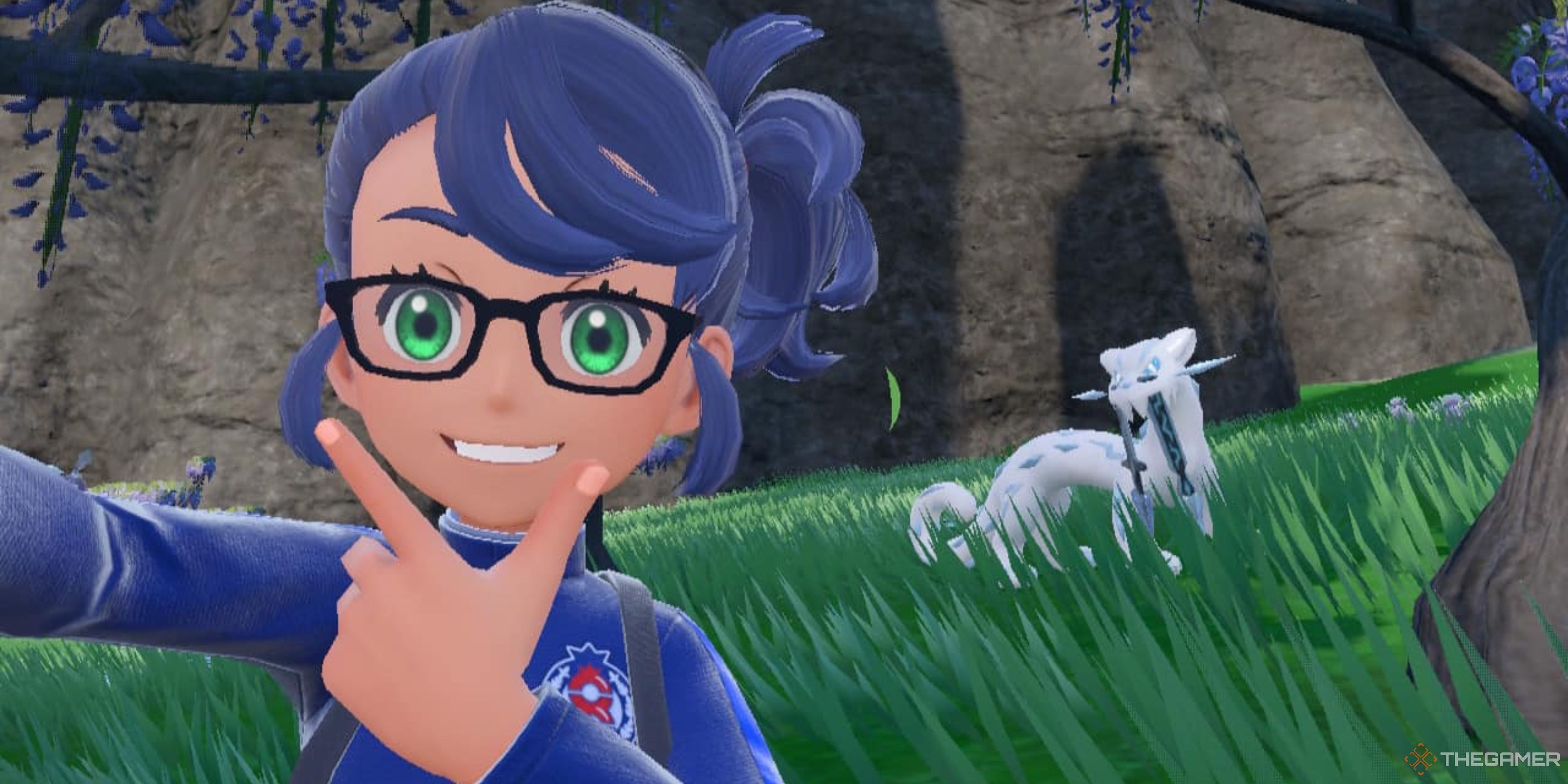 The trainer takes a selfie with Chien-Pao in Pokemon Scarlet and Violet.