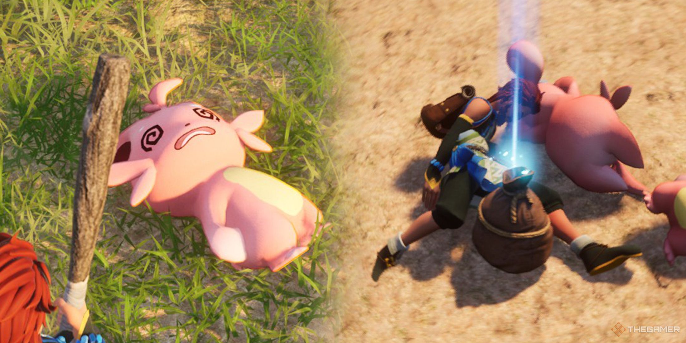 There is a dead Cattiva on the left side and the dead player&rsquo;s body on the right side in Palworld