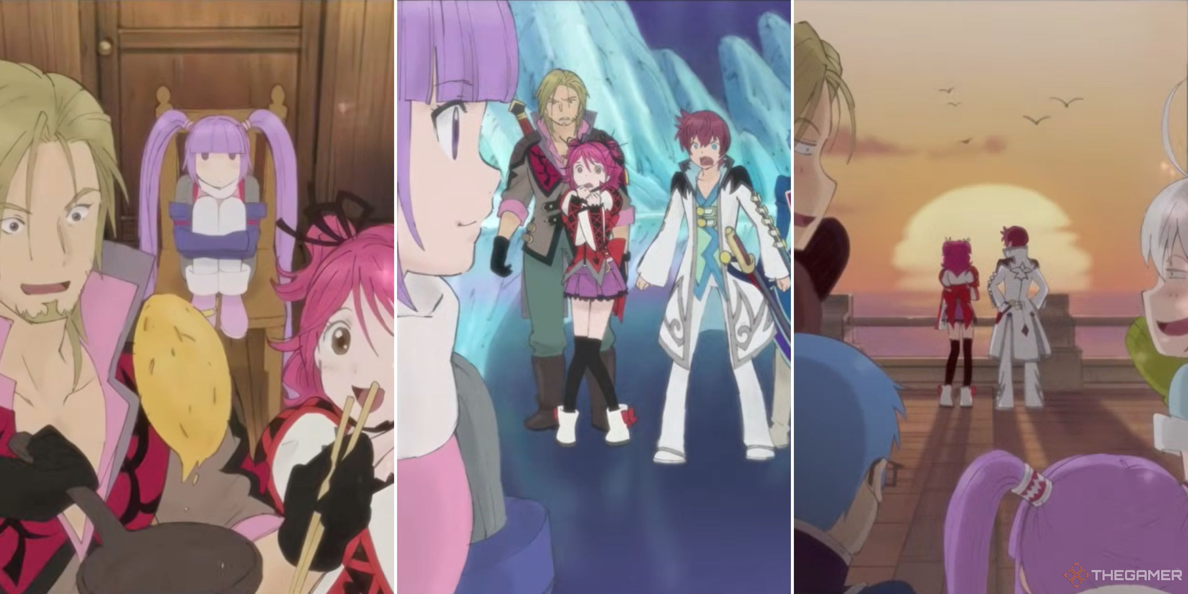 Three illustrated pictures from the Tales of Graces f Remastered are lined up, all showcasing the game's cast in important scenes from the game.