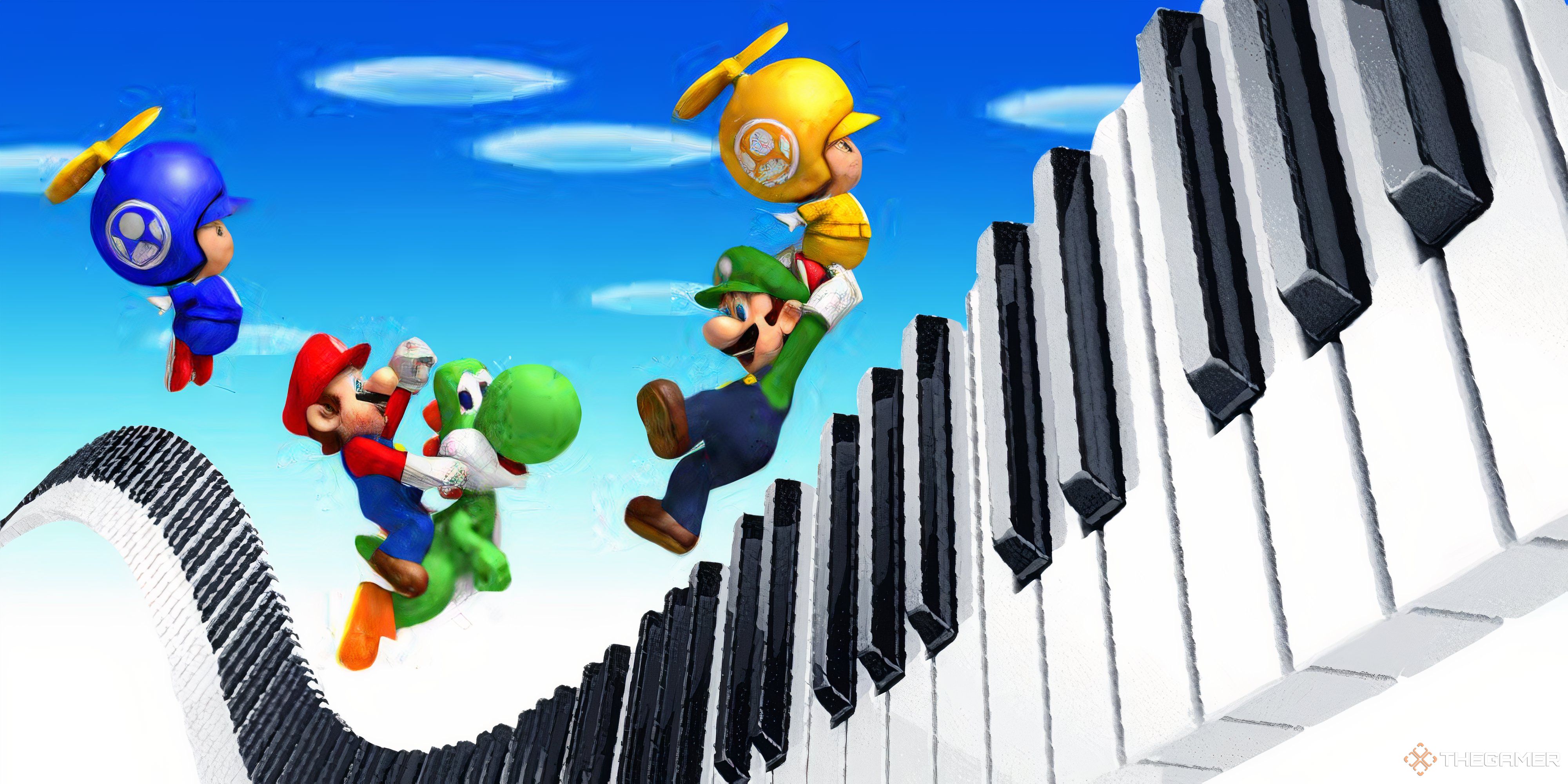 toads mario yoshi and luigi flying over a set of piano keys.