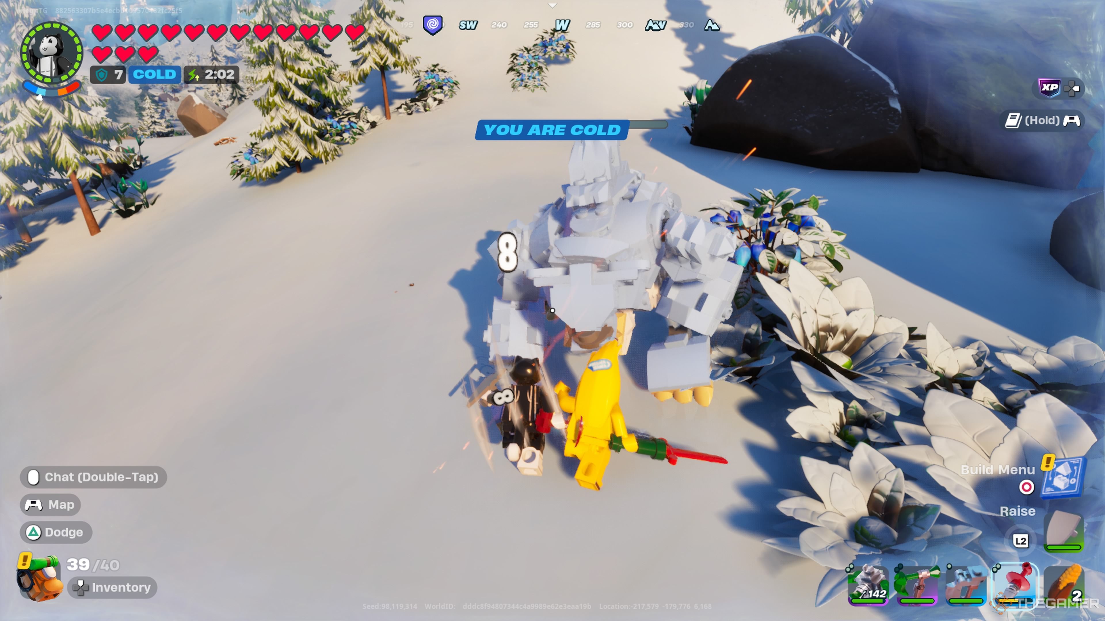 Toon Meowscles and Peely fighting a bear in Lego Fortnite Odyssey.