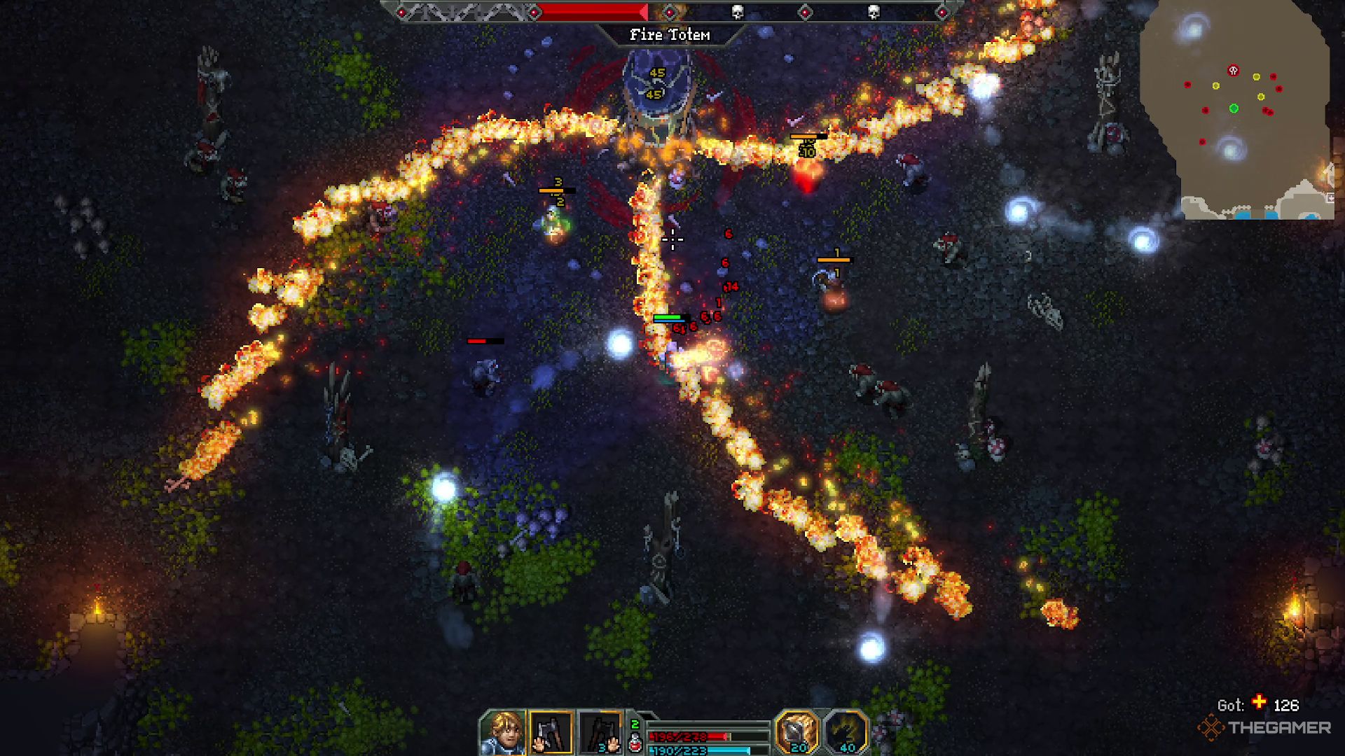 The Elemental Totem spewing fire as ice orbs orbit smaller totems in Heroes of Hammerwatch 2.