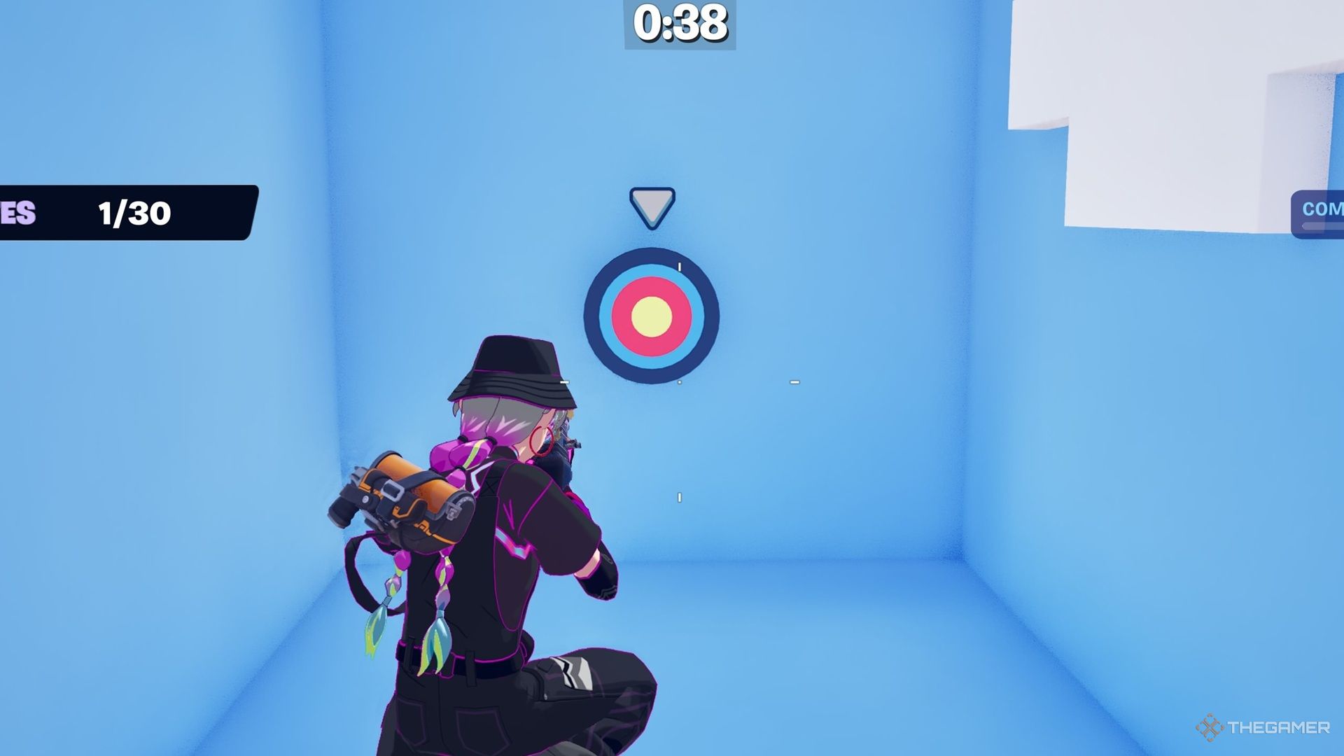 Fortnite character aiming at a target in Creative map.