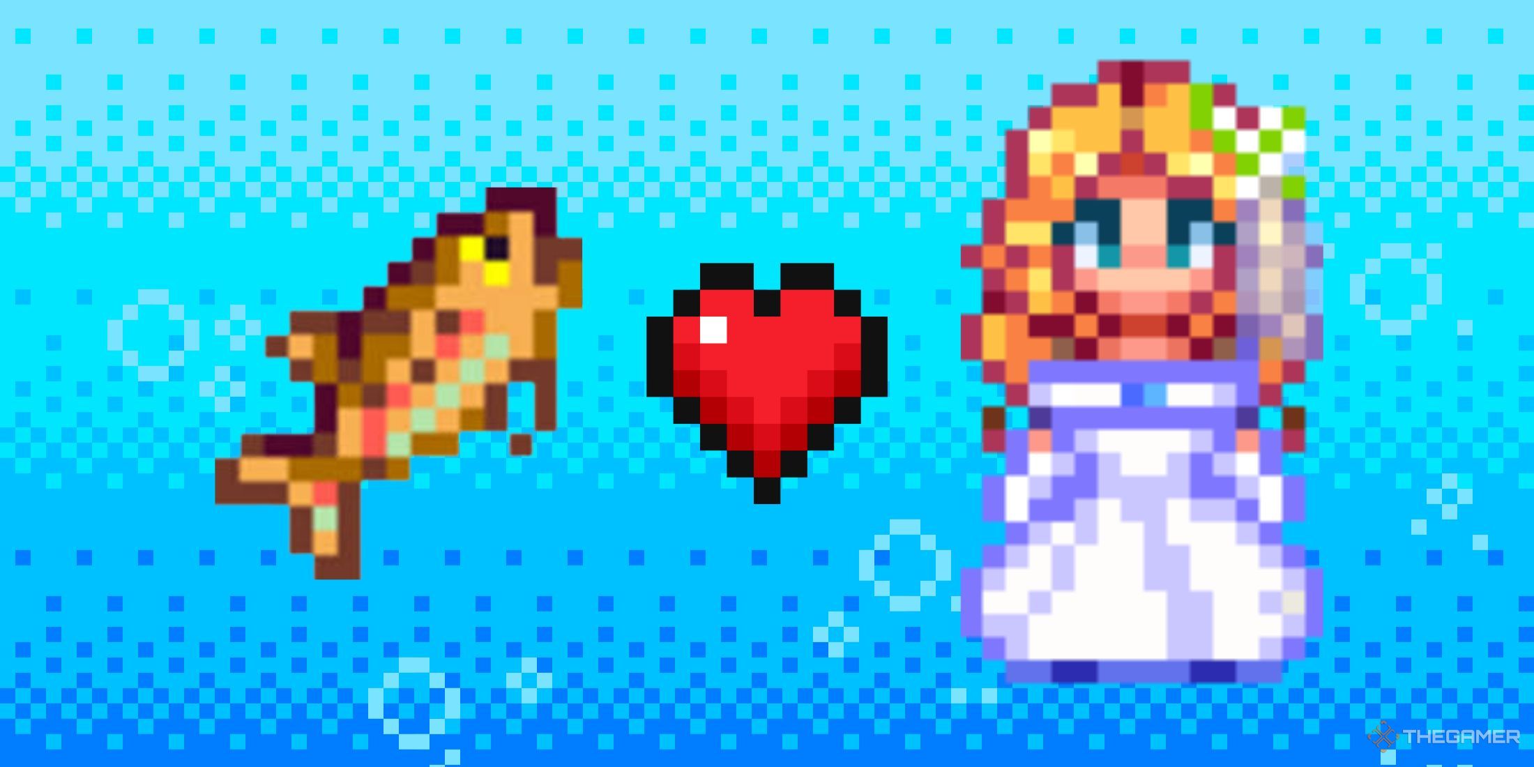 A photo of a Stardew wedding character and a trout. 