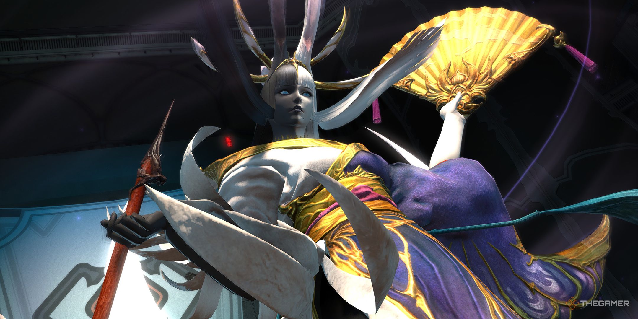 Tsukuyomi wielding her pipe and fan in Castrum Fluminis in Final Fantasy 14.