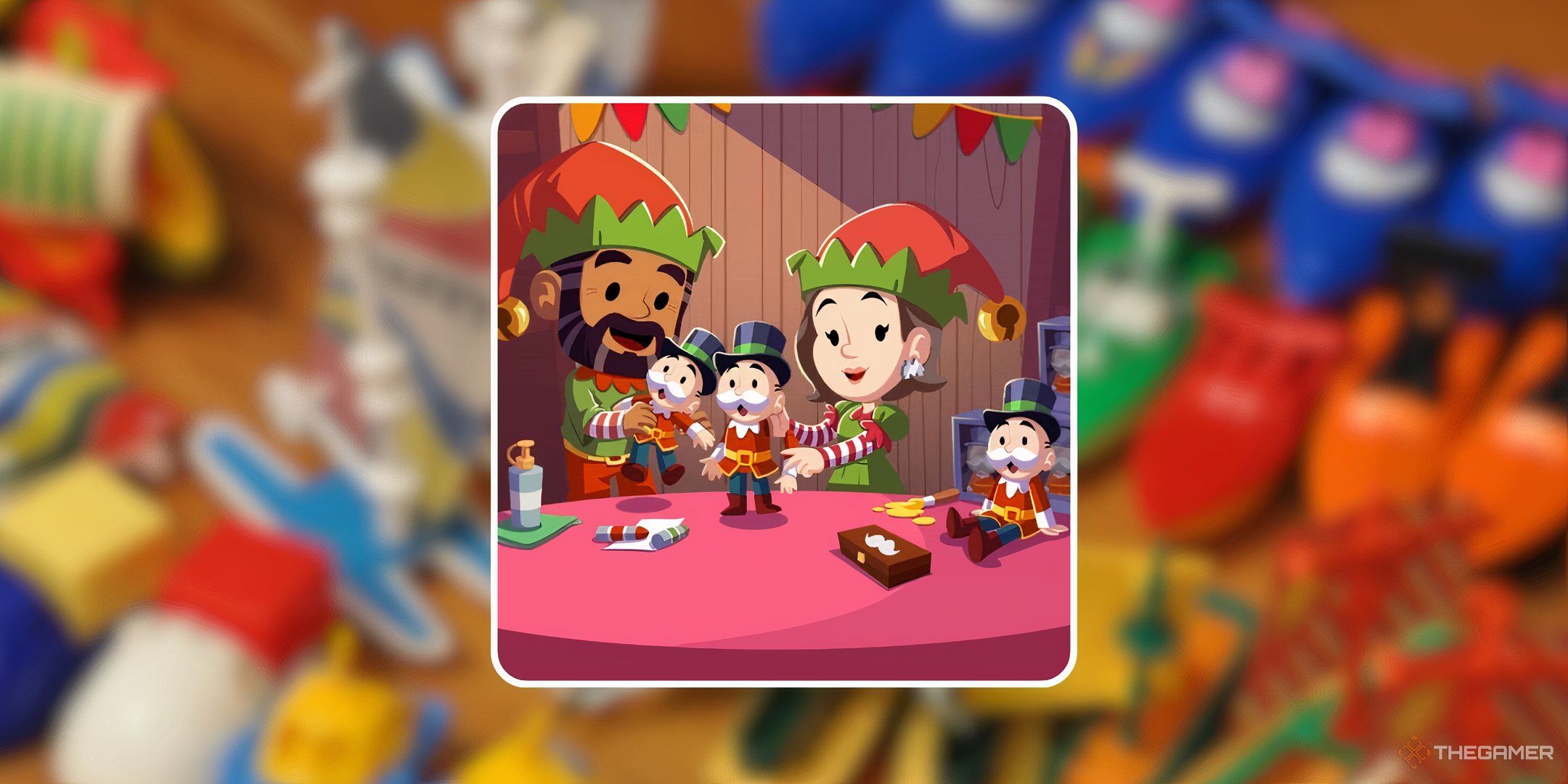 Two characters from Monopoly Go dressed as elves making toys for Helper Hustle in Monopoly Go.