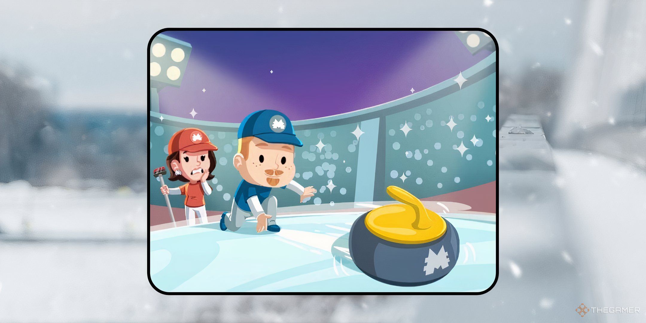 Two characters from Monopoly Go on the curling ice for the Curl Champs tournament in Monopoly Go.