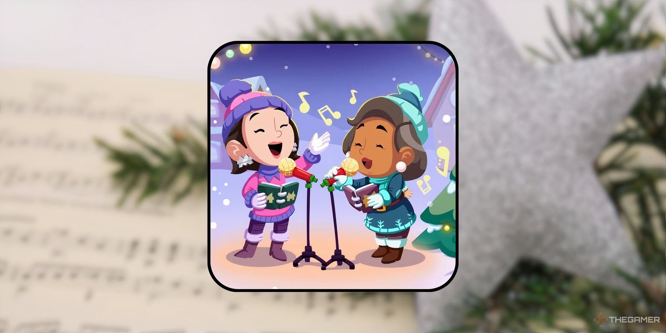 Two characters from Monopoly Go singing carols atop a background of sheet music, a silver star, and pine branches for Jingle Jam in Monopoly Go.