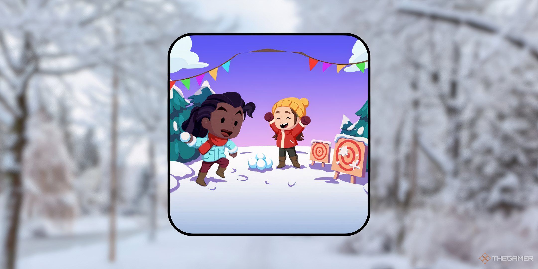 Two characters from Monopoly Go throwing snowballs at targets in front of a wintry background of trees for the Snowball Smash tournament in Monopoly Go.