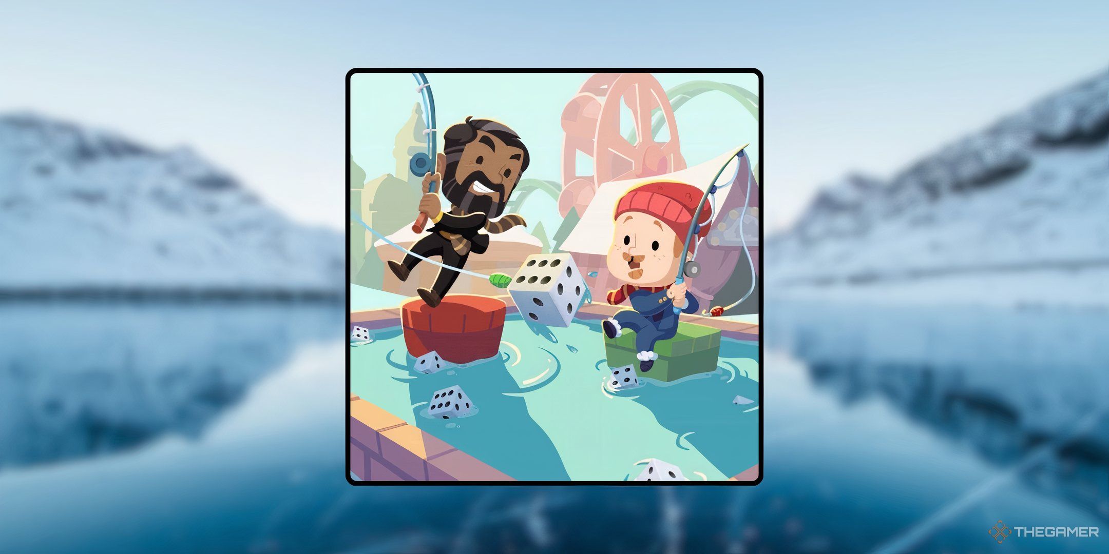 Two characters in Monopoly Go ice fishing for dice during the Prize Pluck tournament in Monopoly Go.