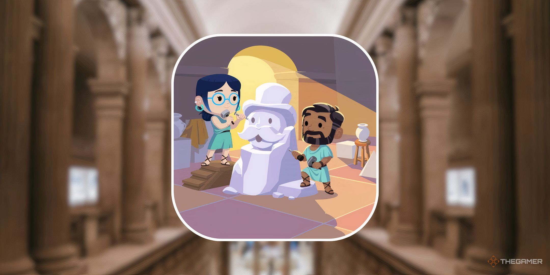 Two Monopoly Go characters carving Mr. Monopoly out of marble in front of a background of a museum for the list of rewards in Marble Trouble in Monopoly Go.