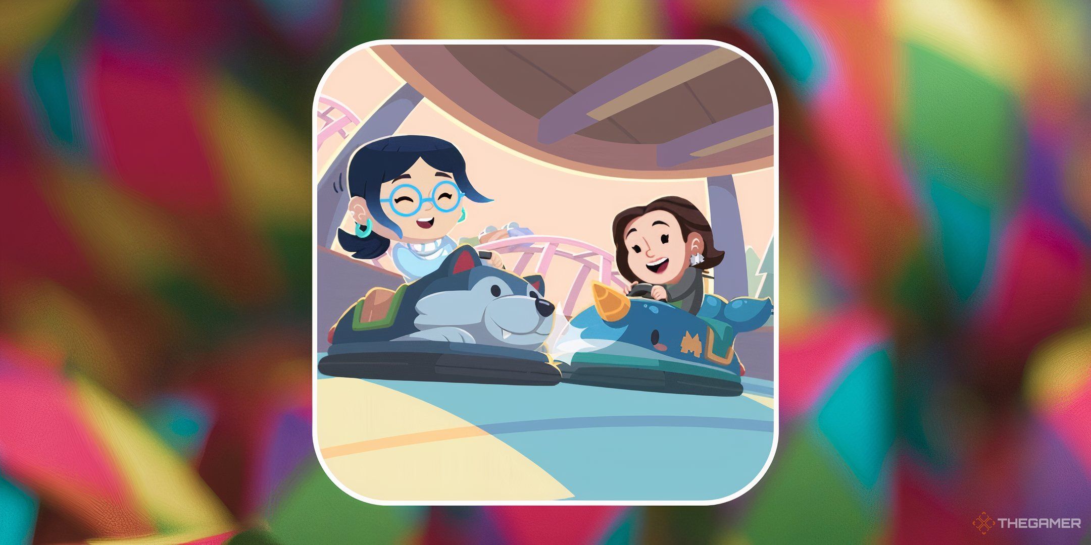 Two Monopoly Go characters in winter themed bumper cars for Fluffy Fenders in Monopoly Go.