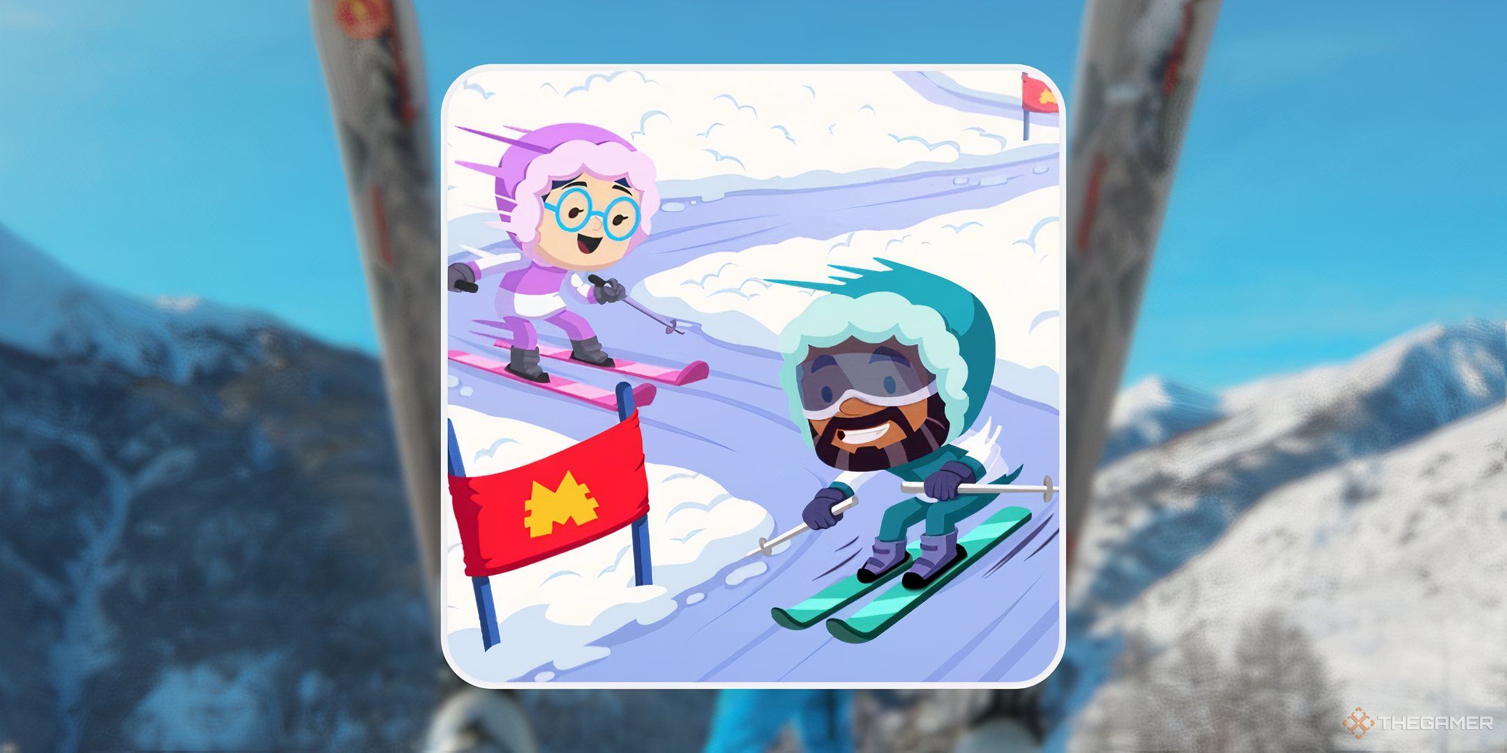 Two Monopoly Go characters skiing in front of a background of skiis on a mountain for Slalom Slide in Monopoly Go.