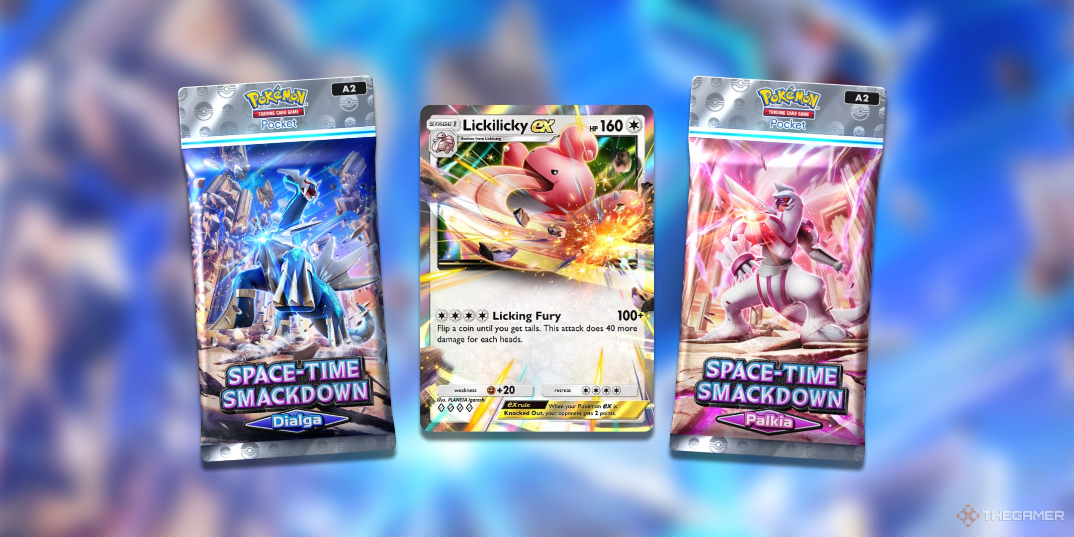 two packs of Pokemon TCG Pocket Space Time Smackdown next to Lickilicky ex.