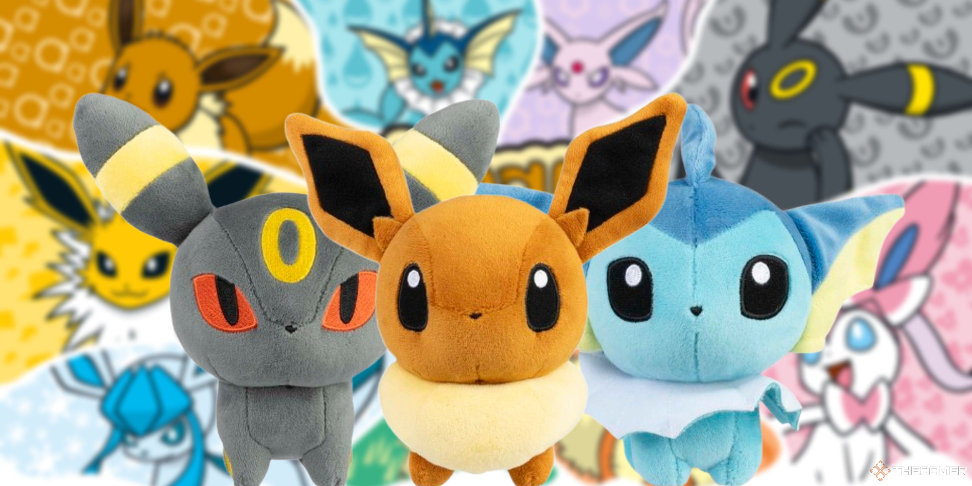 umbreon eevee and vapreon pokemon dolls plushes on a blurred year of eevee background.