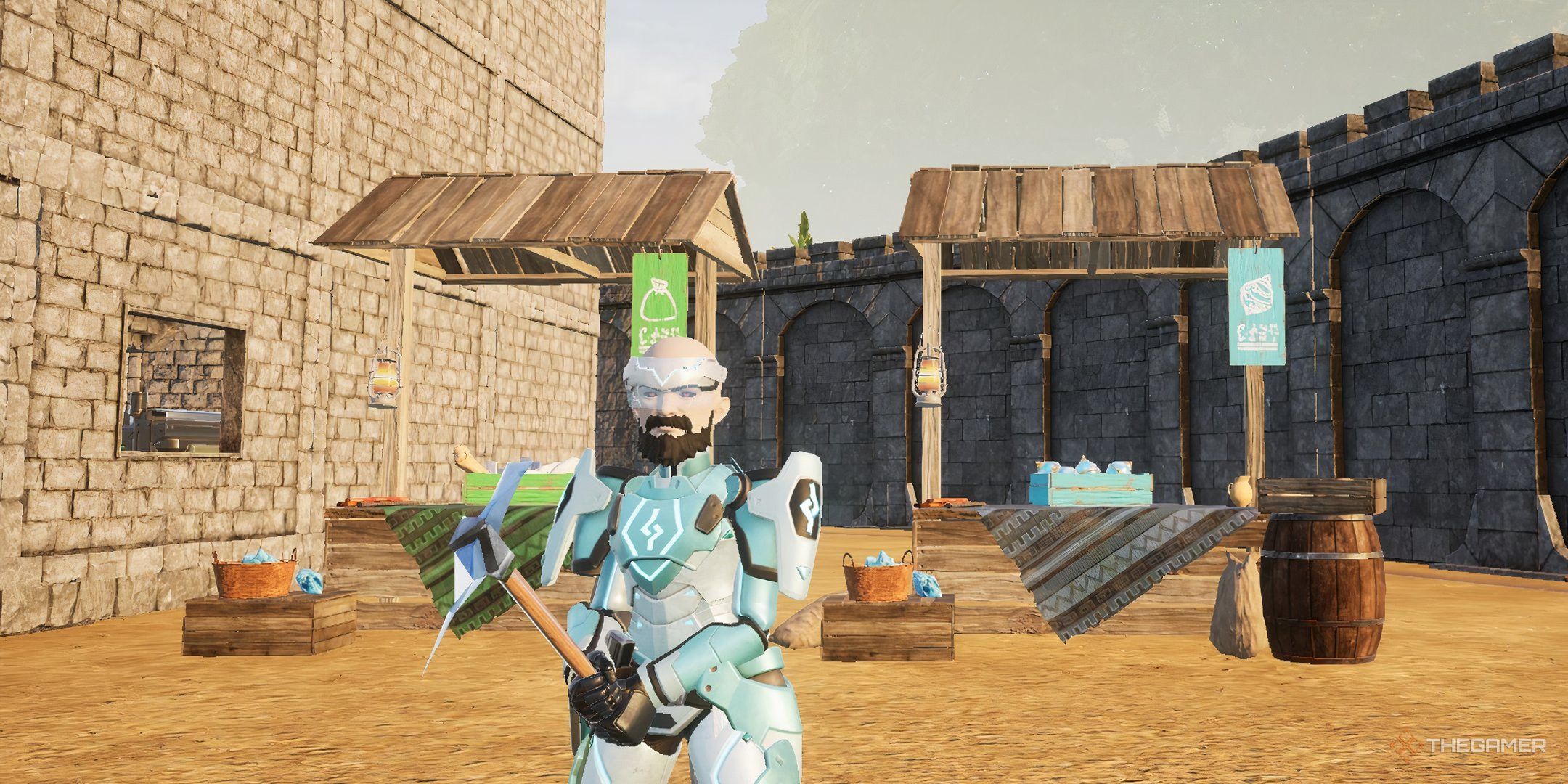 The image shows the player standing in front of both types of Flea Markets in Palworld.
