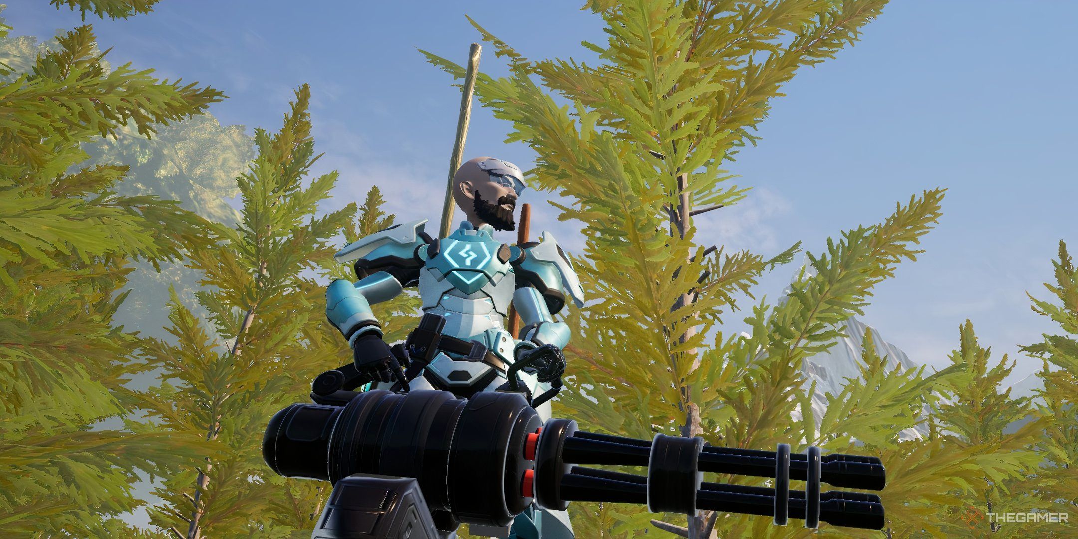 The image shows the player standing in front of the trees while carrying a Laser Gatling Gun in Palworld.