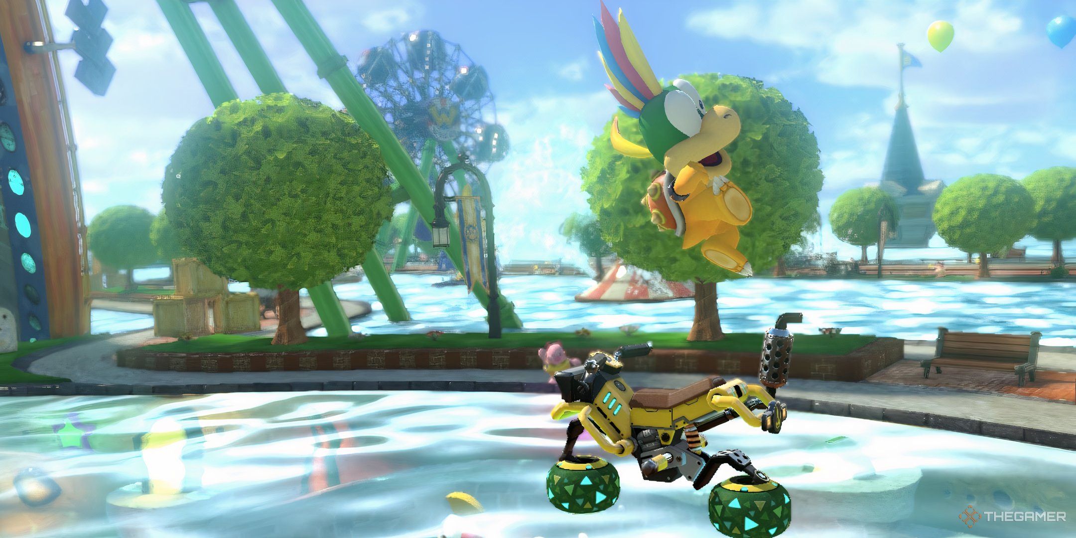 Lenny driving the Varmint Kart through a watery course in Mario Kart 8.