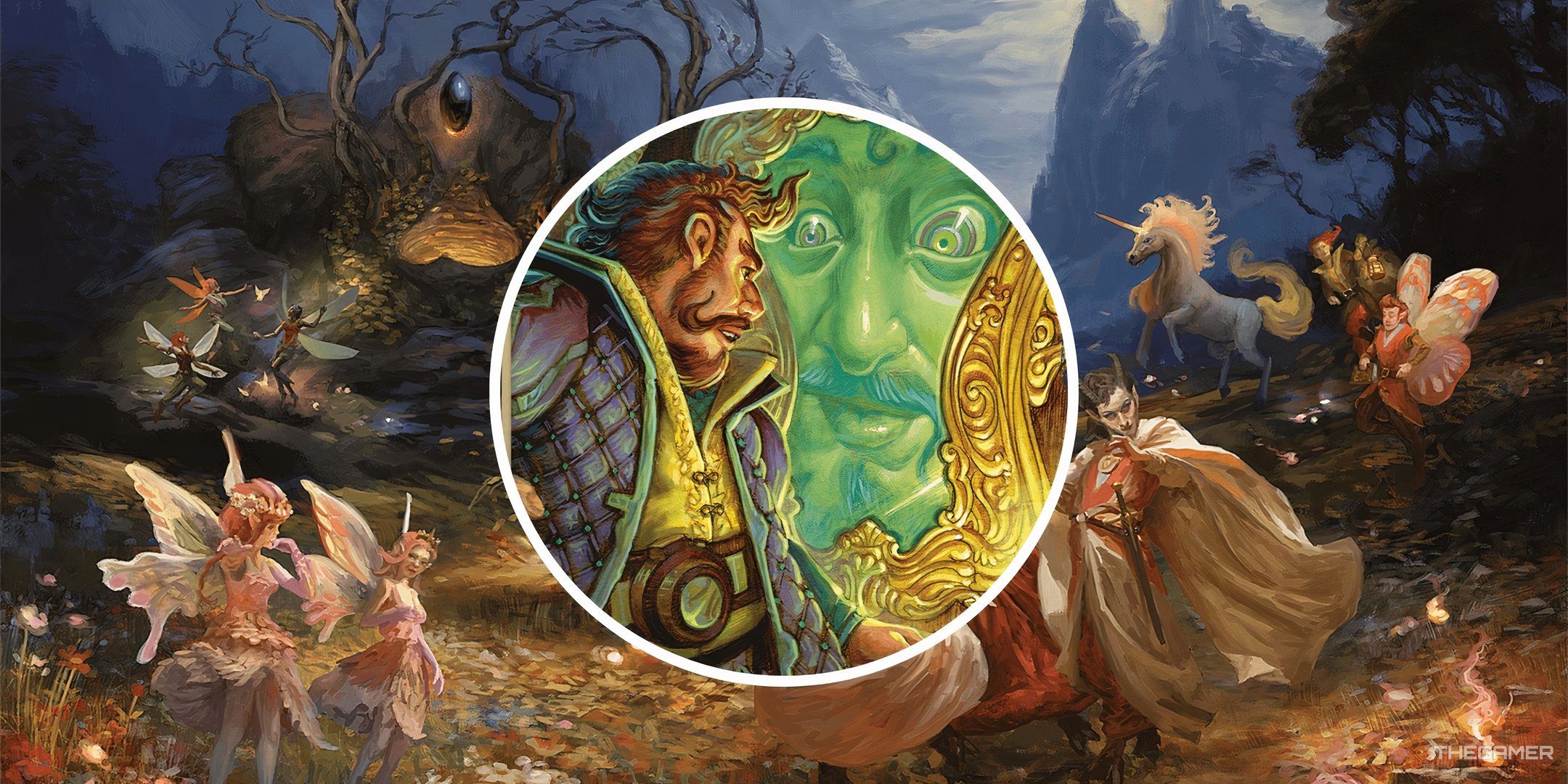 A split image showing a man talking to a mirror against the backdrop of the Feywild in Dungeons & Dragons.