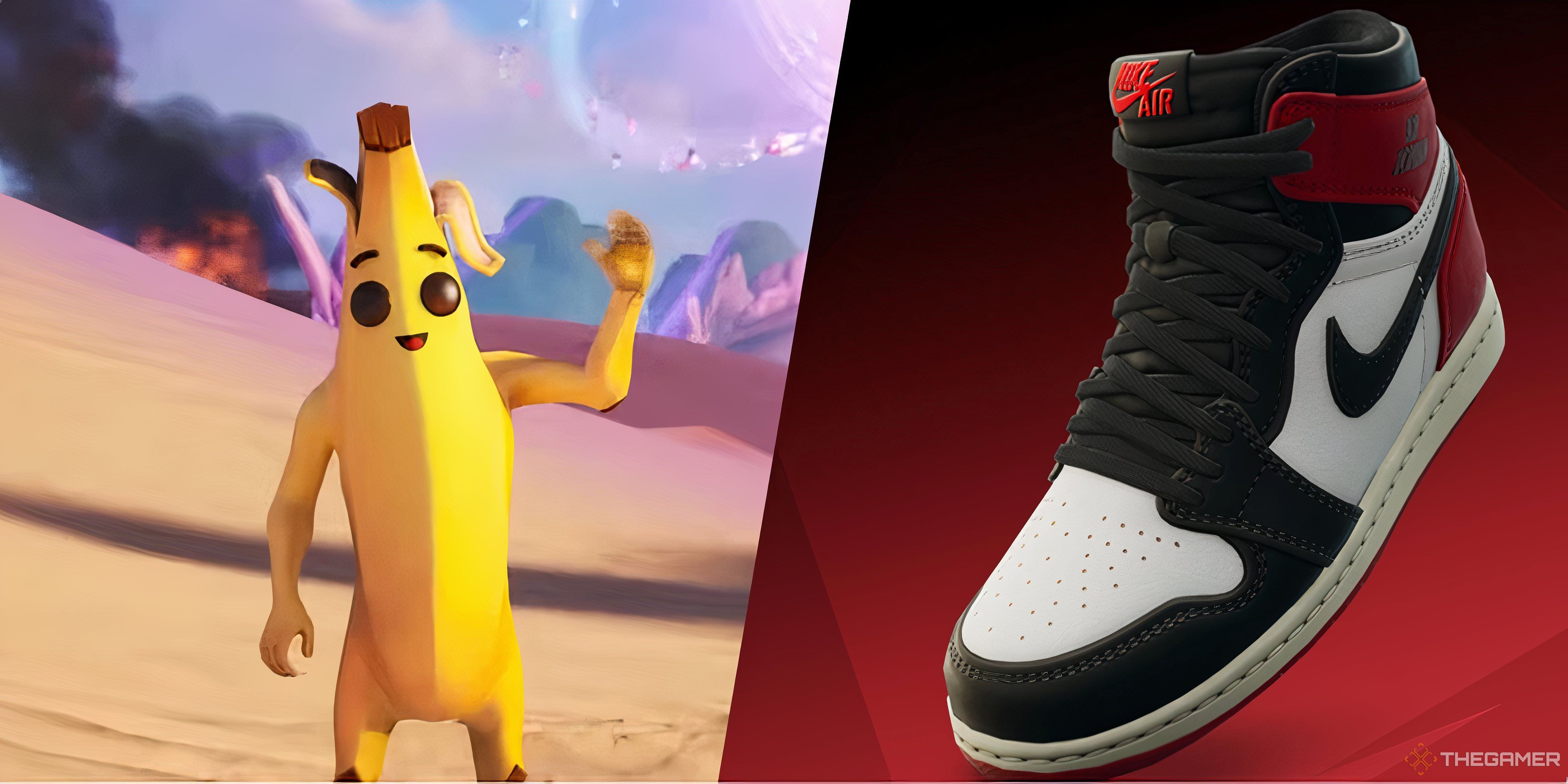 fortnite's peely waving and a pair of in-game nike fortnite kicks.