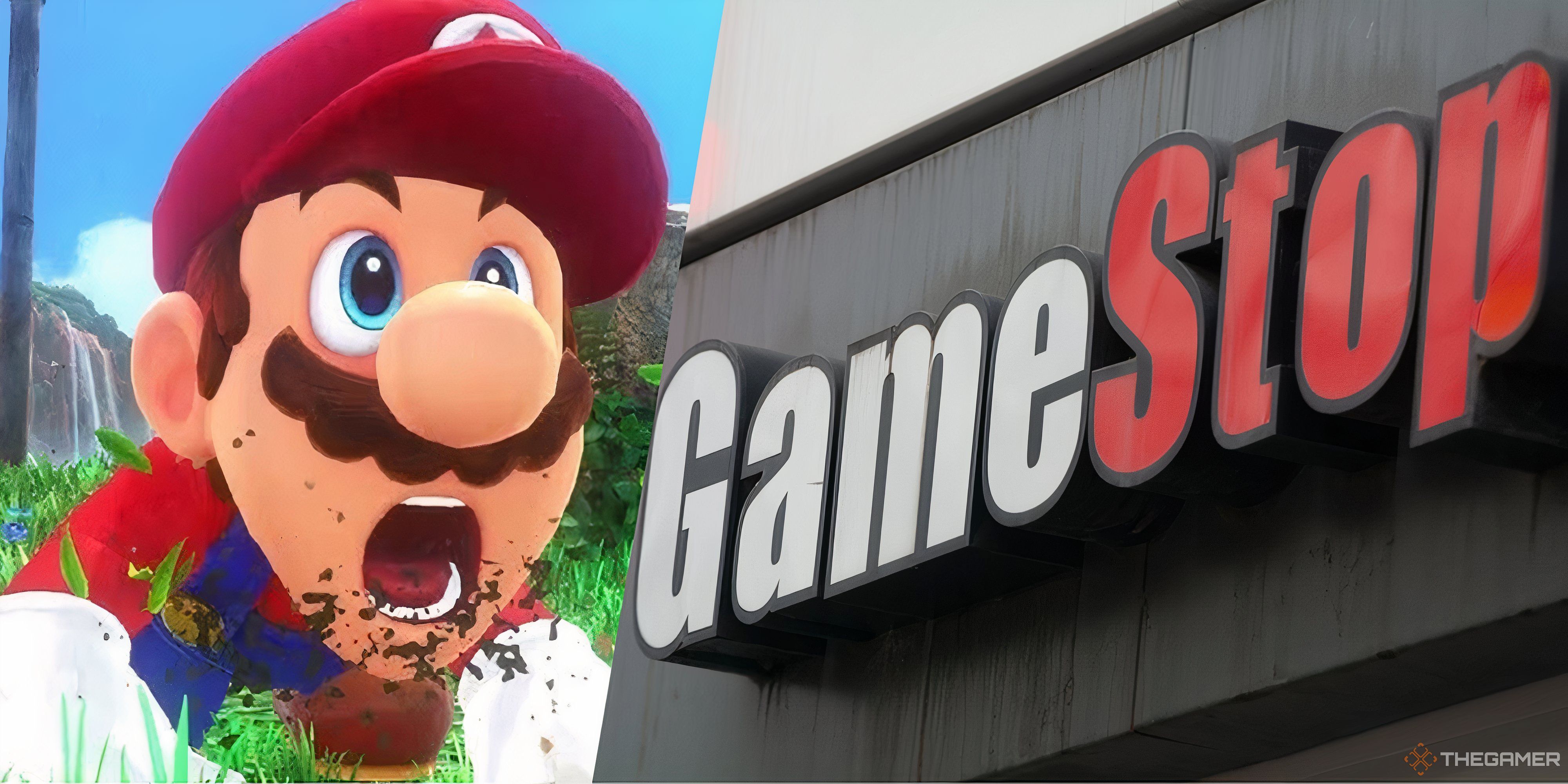 shocked mario from odyssey looking at a gamestop sign.