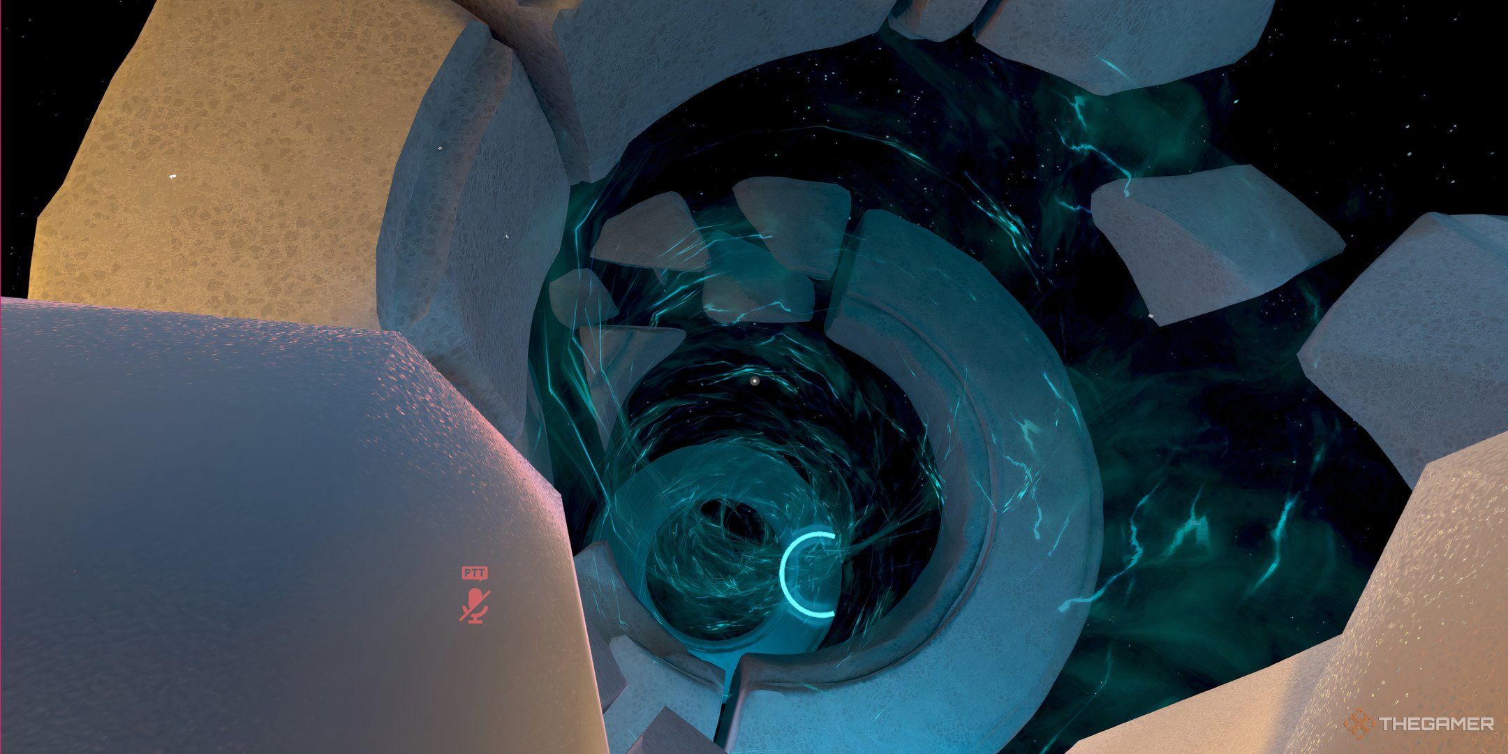 The VRChat Home World Portal; a series of grey circles and blue light.