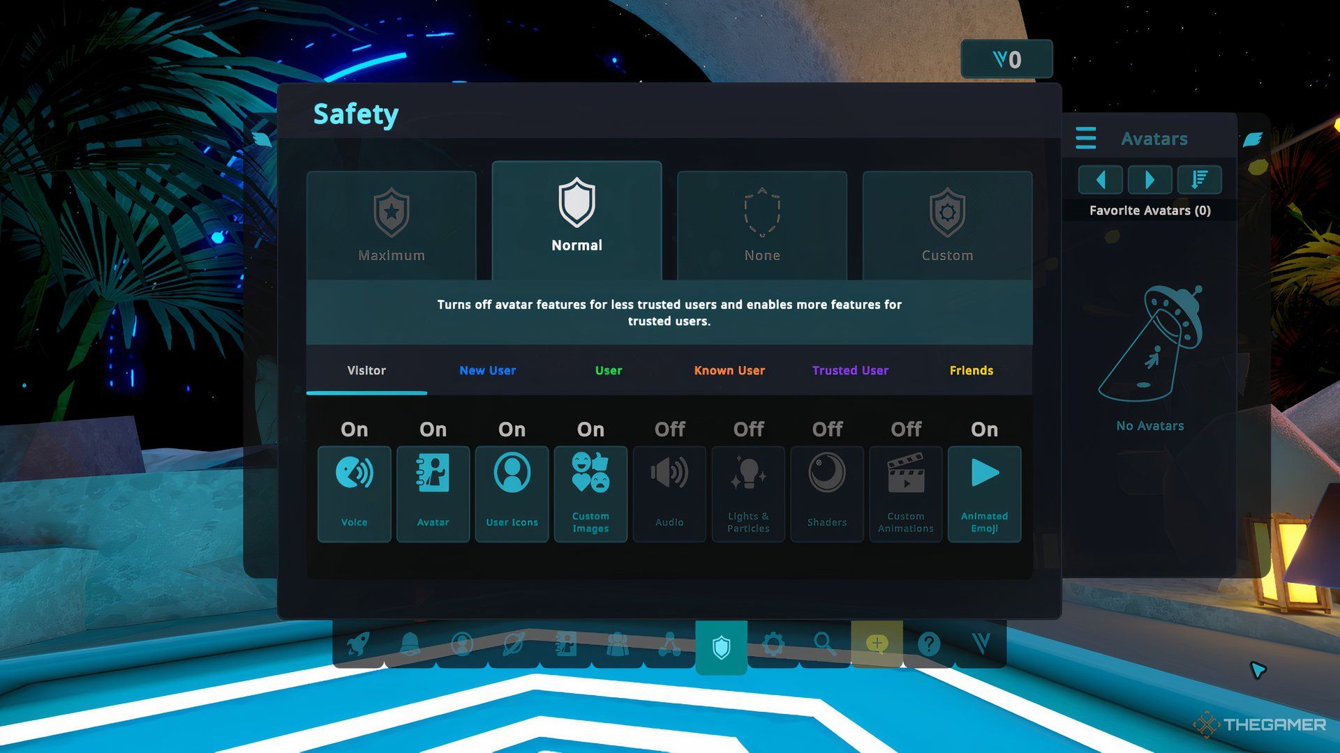 VRChat’s Safety Screen showing a list of shield levels and trust ranks in the menu.