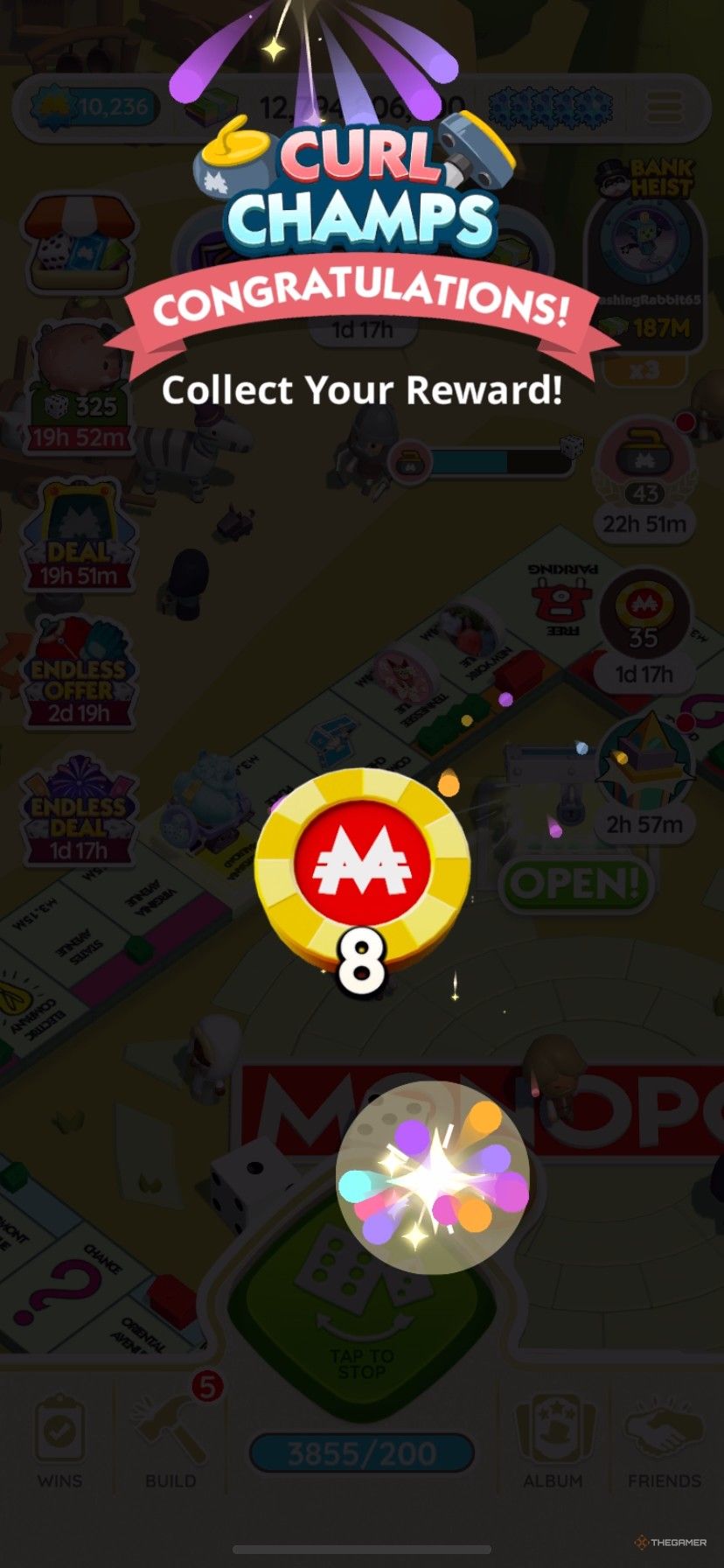 برنده شدن 8 توکن Peg-E Rolls Drop رایگان در Curl Champs در Monopoly Go.