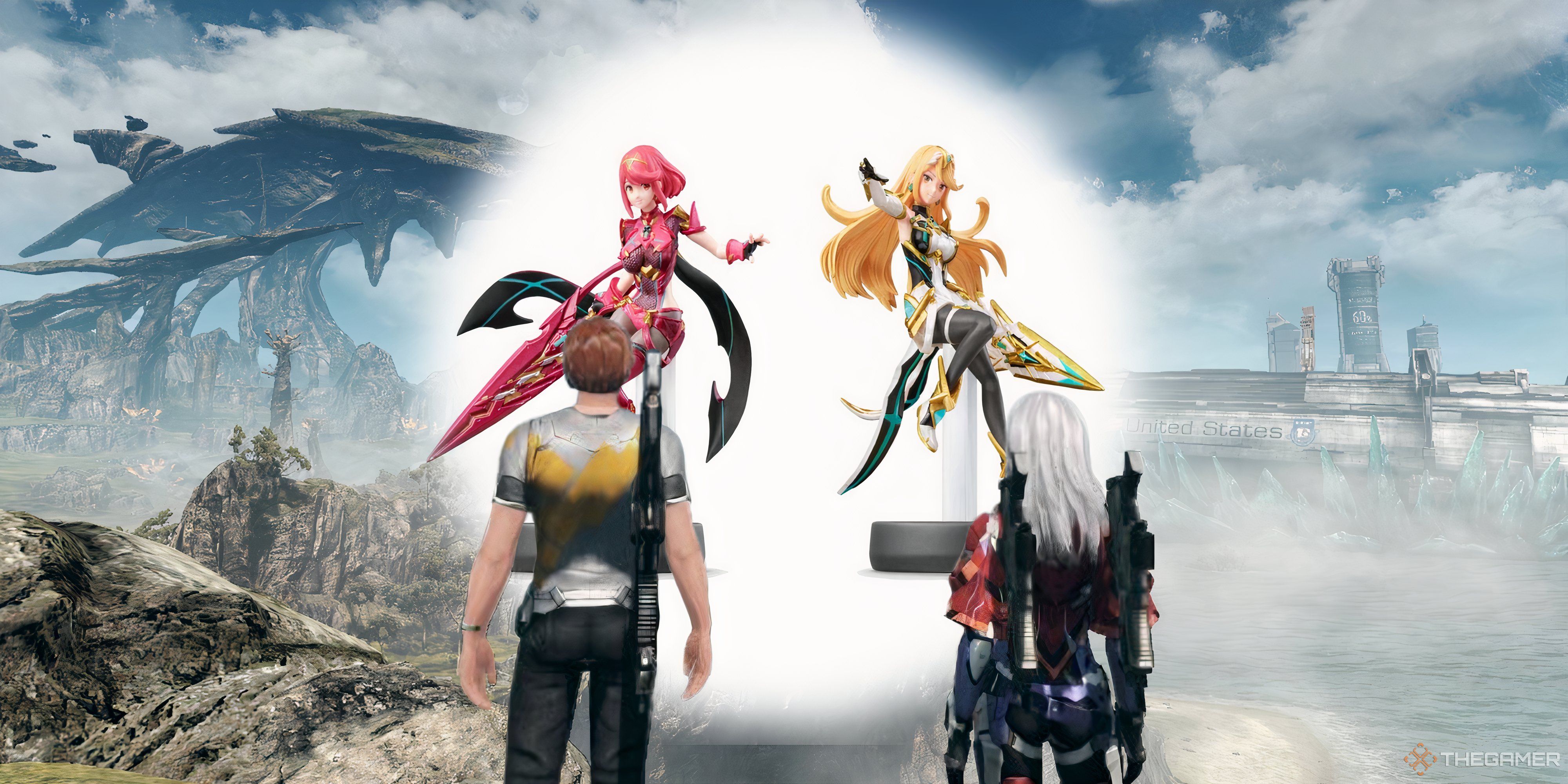 xenoblade chronicles x characters looking at pyra and mythra amiibo.