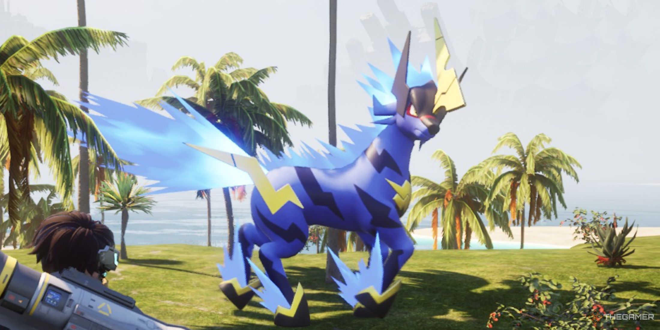 The player's Azurmane is looking at him among the palm trees in Palworld.