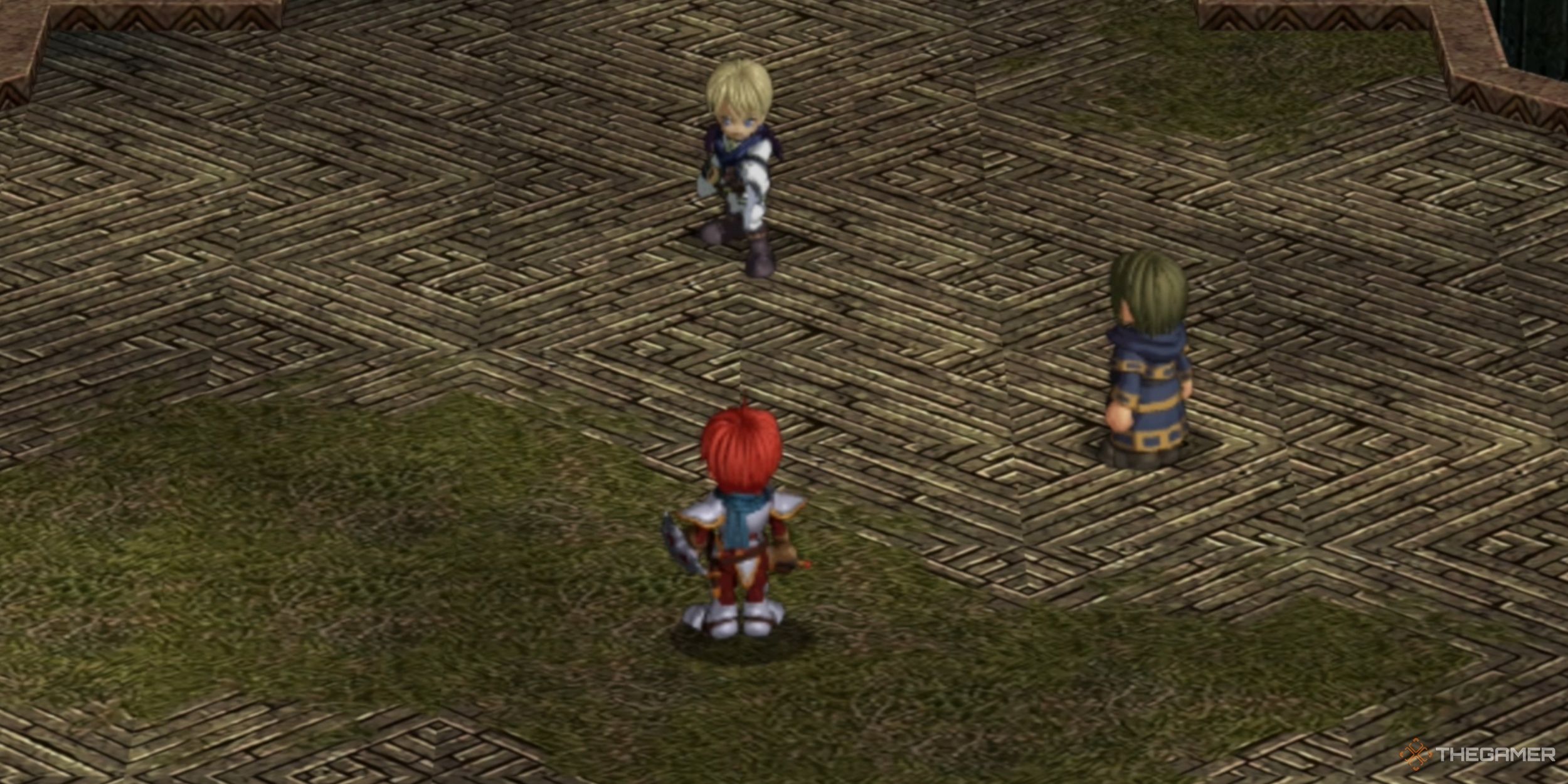 Chester Stoddart pointing his blade at Adol and Father Jen Pierre in the depths of Illburns Ruins in Ys Memoire: The Oath in Felghana.