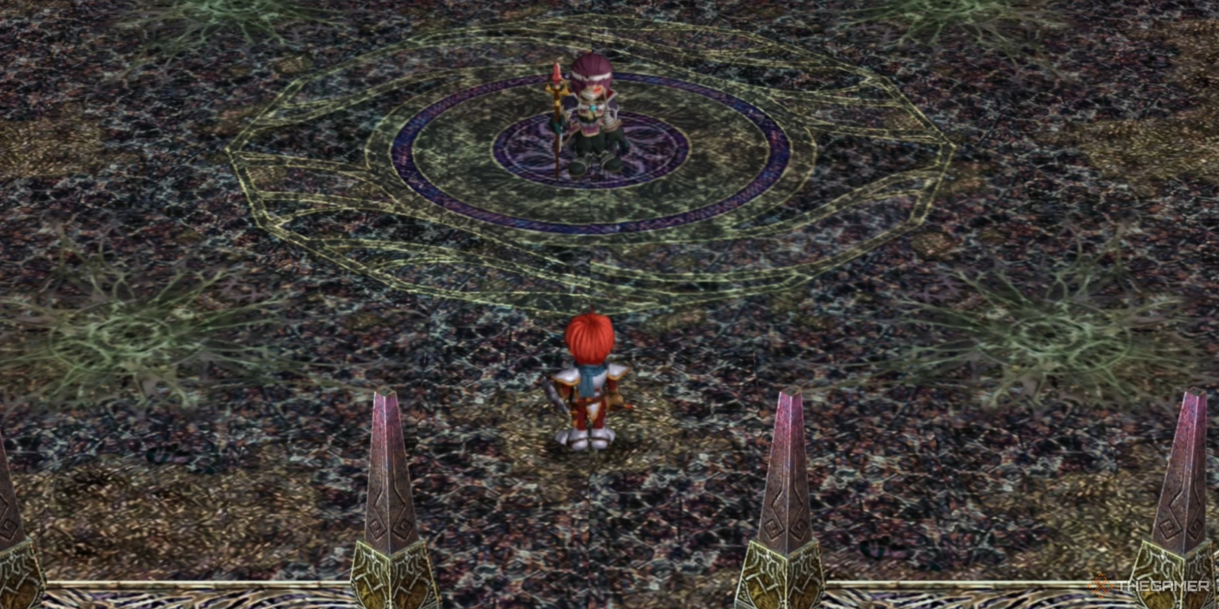 Adol squaring off against Dularn, the Tragic Loyalist, on Genos Island in Ys Memoire: The Oath in Felghana.