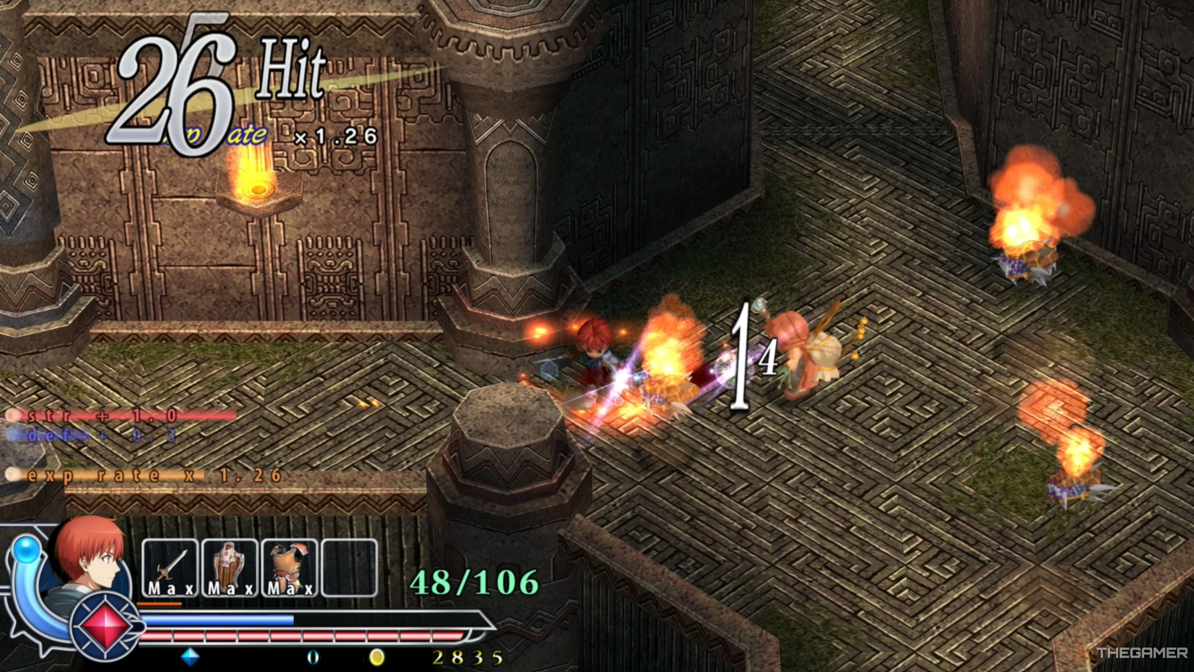 Adol fighting a Seean and four Eagers within the Illburns Ruins in Ys Memoire: The Oath in Felghana.