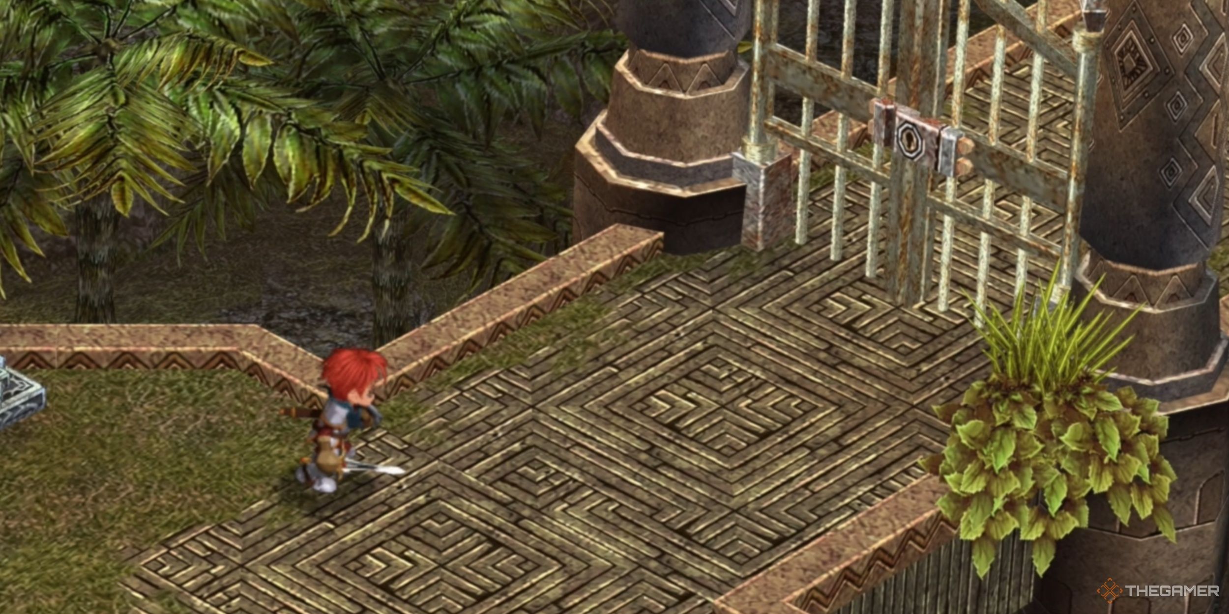 Adol running toward the locked gate that leads into Illburns Ruins in Ys Memoire: The Oath in Felghana.