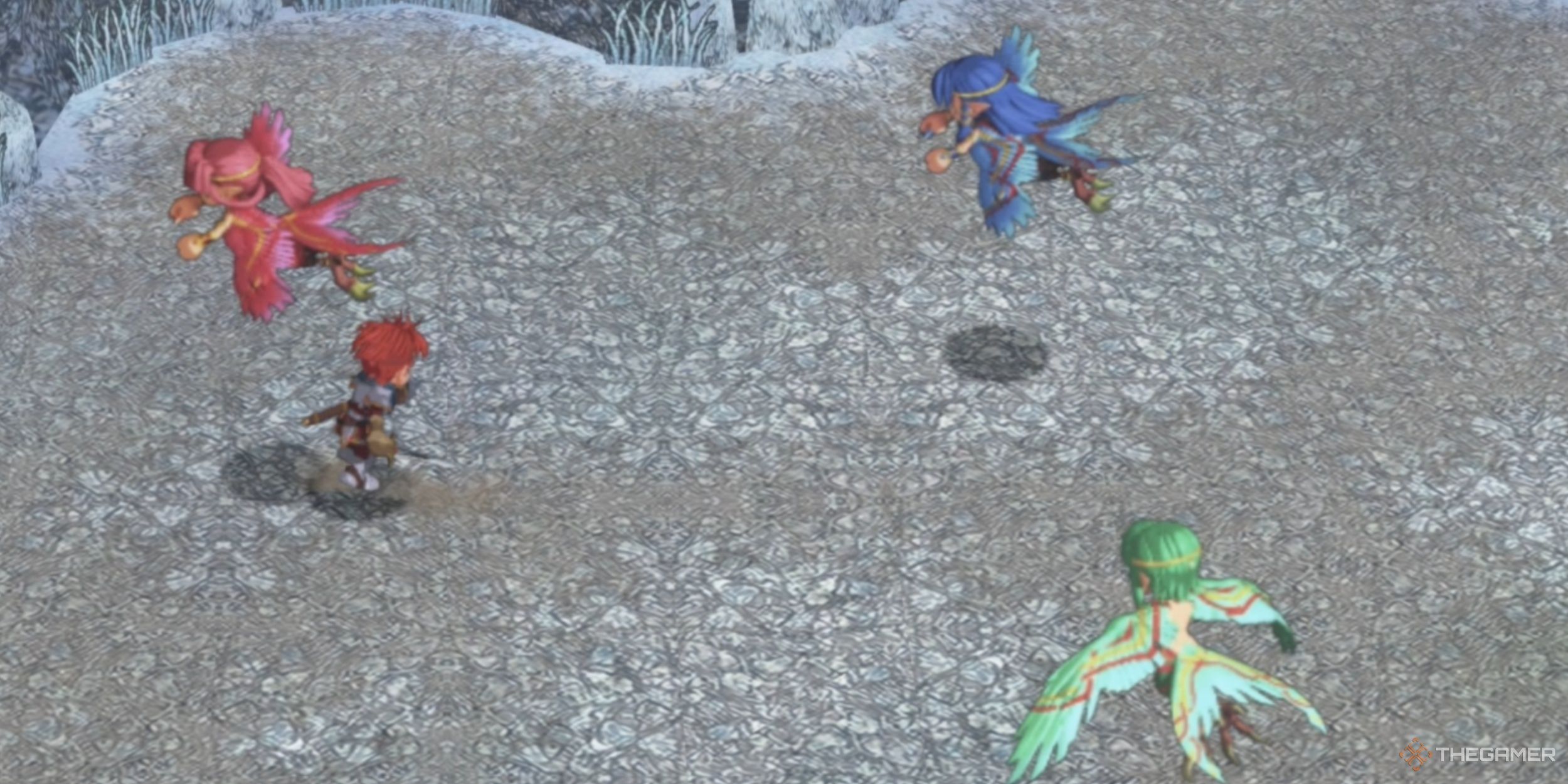 Adol approaching the Ligaty, the Three Flying Succubi, in Ys Memoire: The Oath in Felghana!