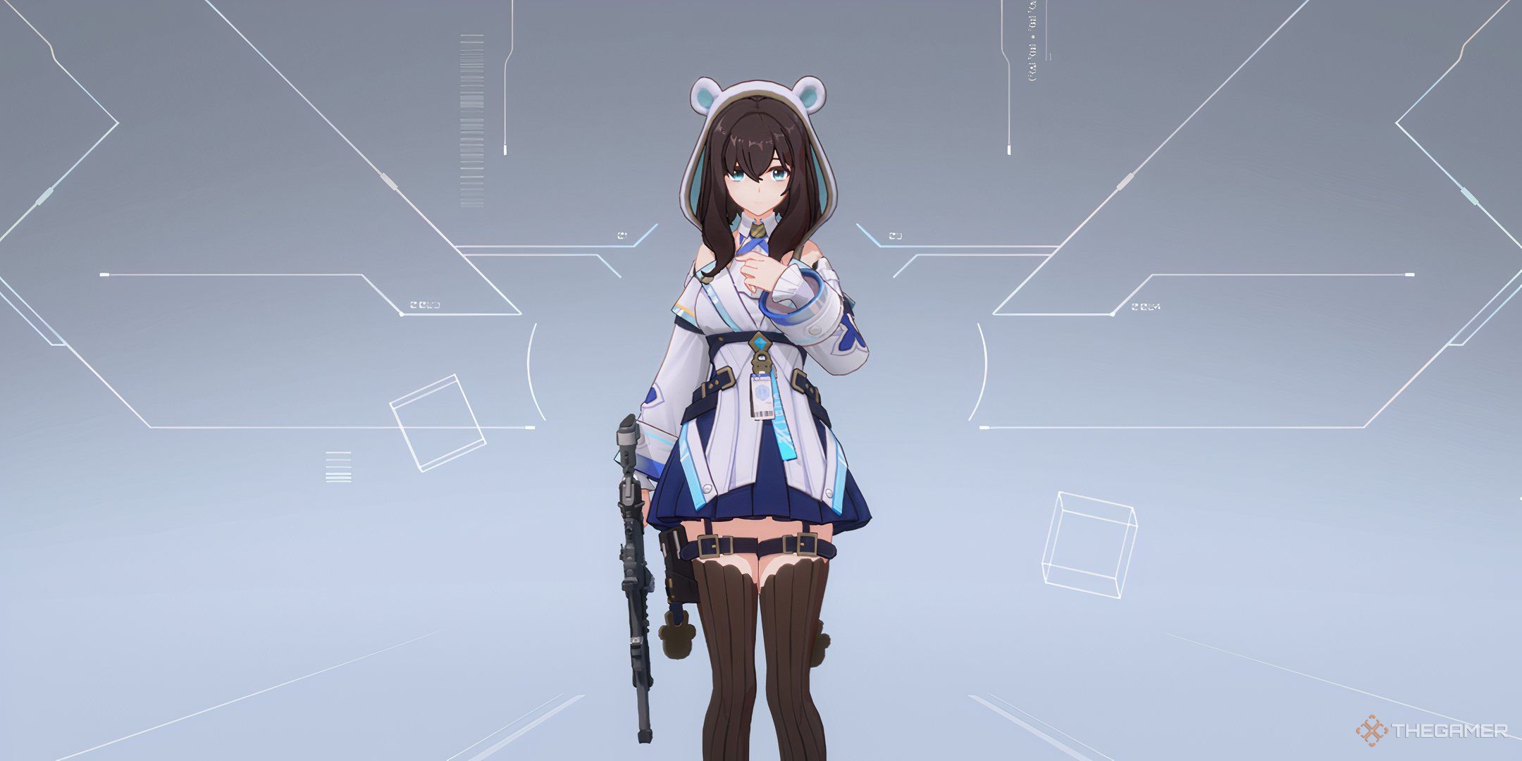 An image showing Yvette, an Agent from Strinova. There is a white background with is textured like circuits.