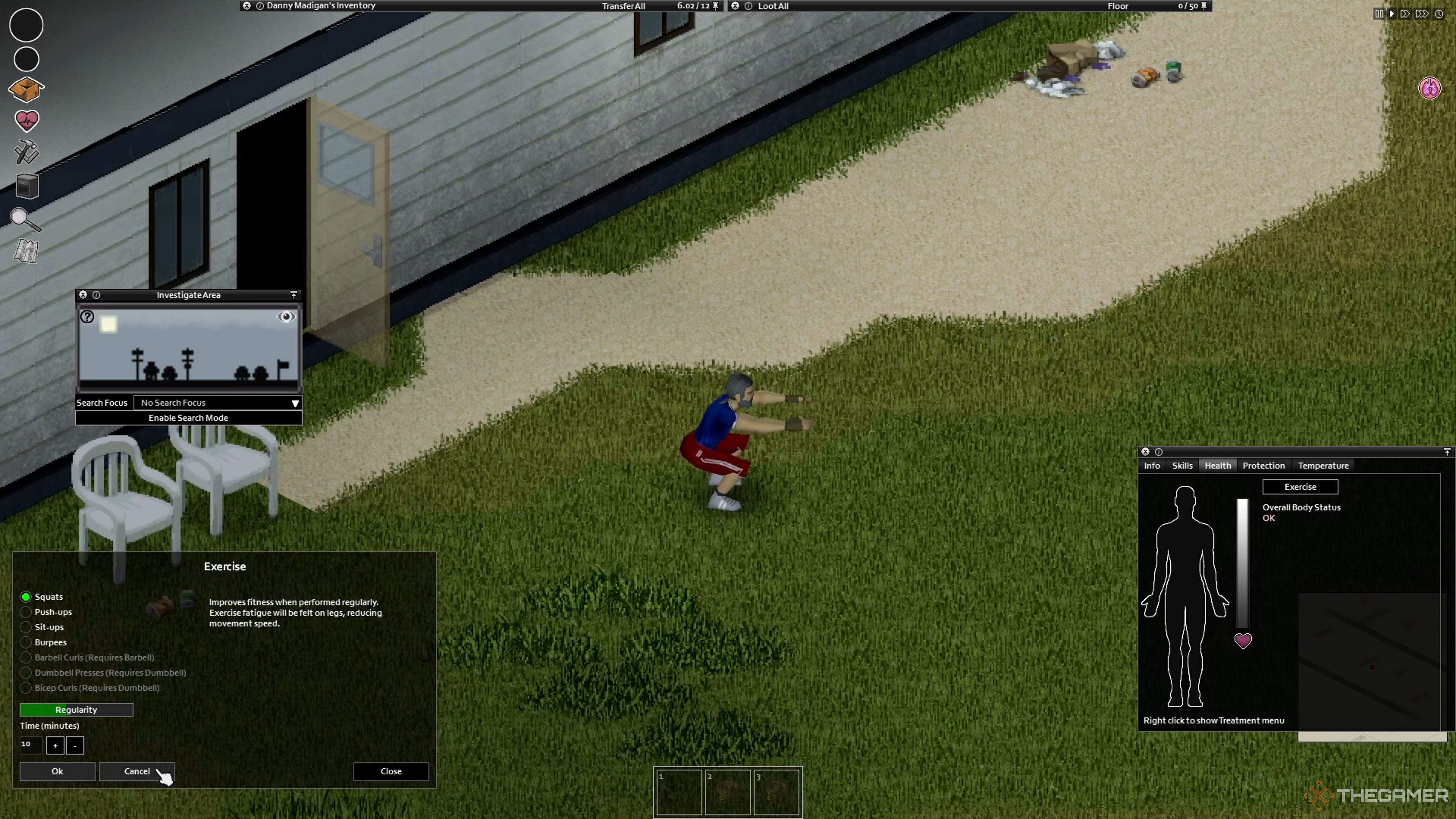 A player performing a squat in Project Zomboid.