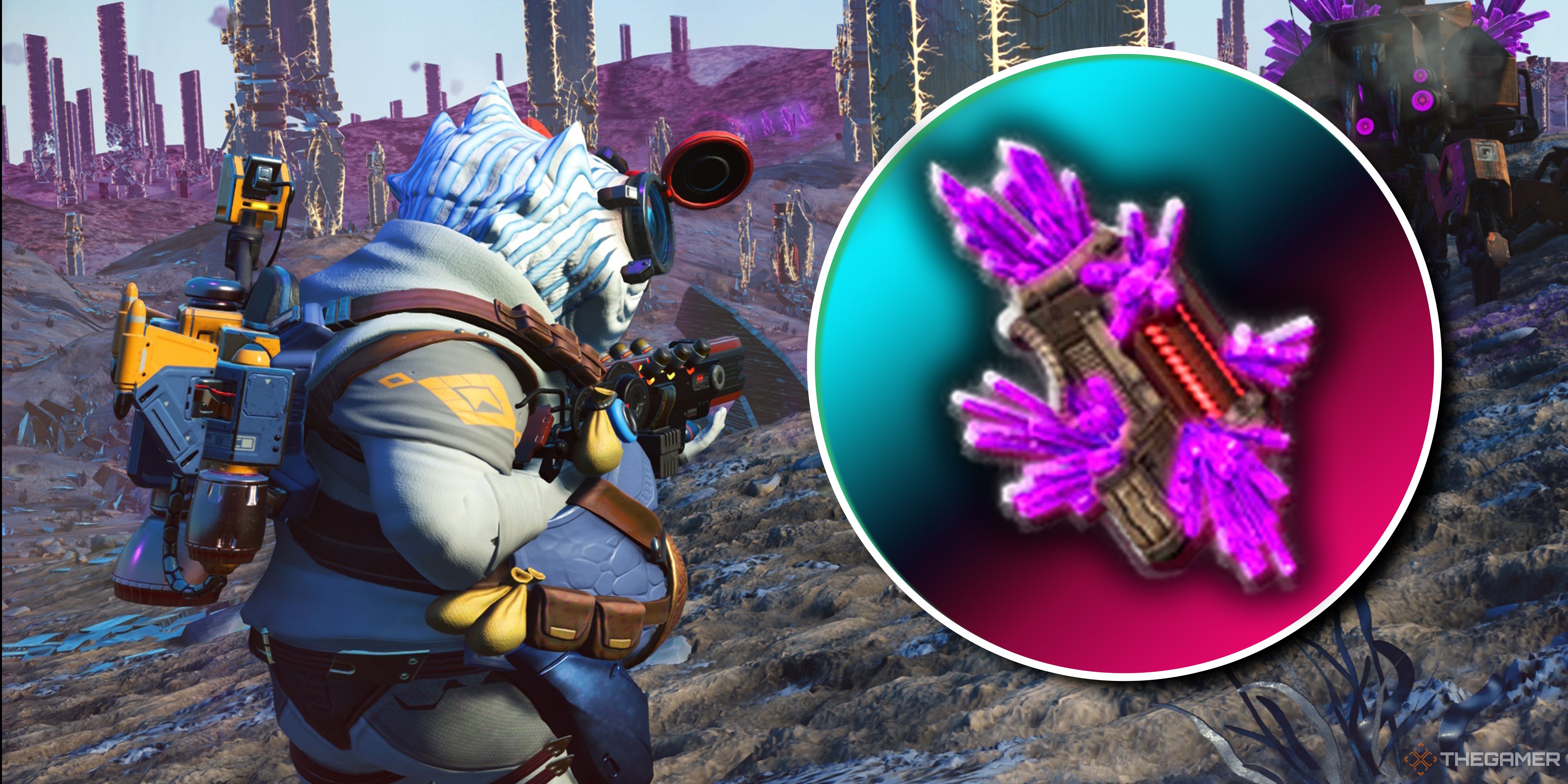 Cover image for No Man's Sky How To Find Crystallised Hearts featuring an armed Traveler and a Crystallised Heart icon.